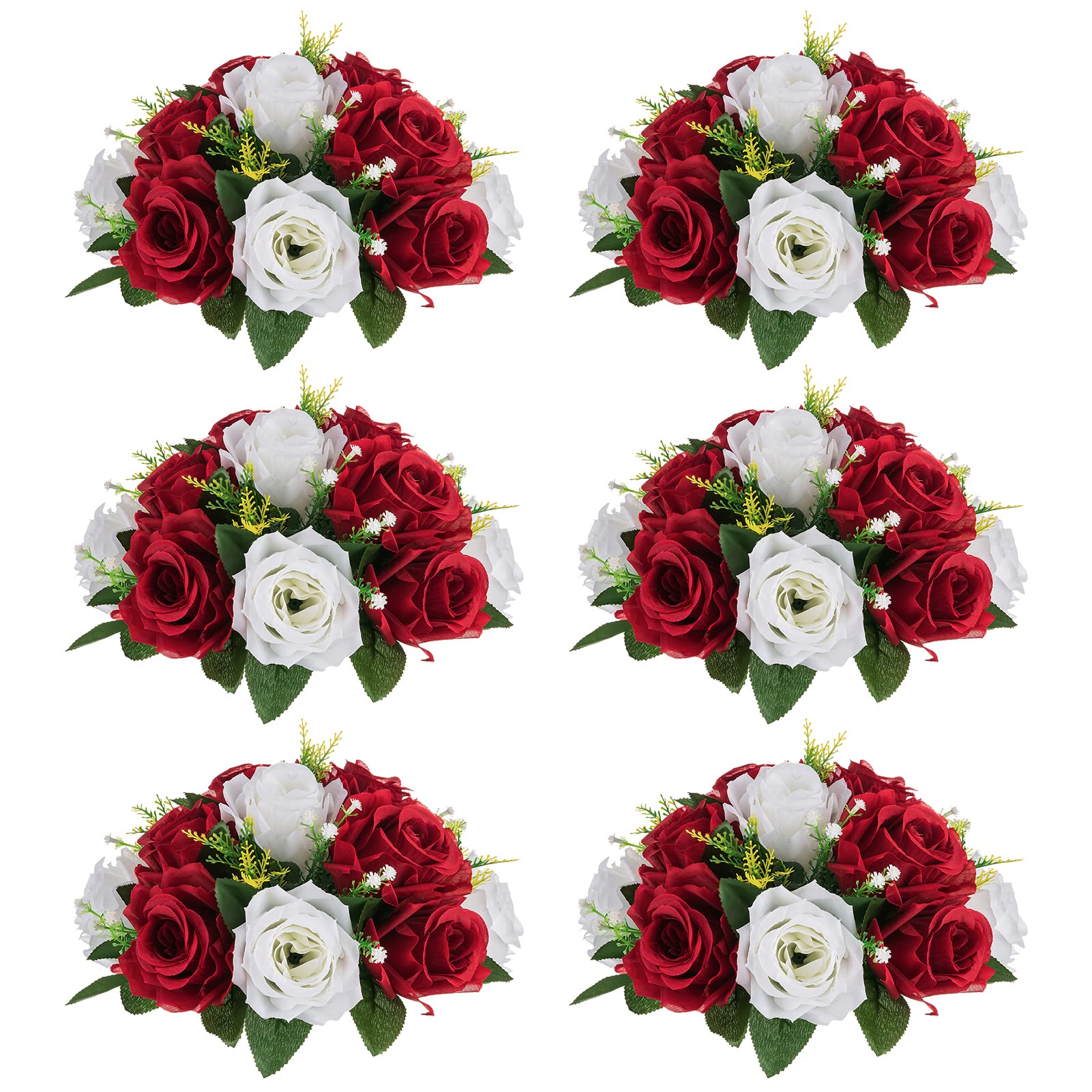 Nuptio Artificial Flower Centrepieces for Tables - 6 Pcs Burgundy & Dusty Rose & Creamy White Fake Flowers Roses Balls 9.5in Diam - Silk Faux Rose Arrangement for Wedding Party Centerpiece Table Decor