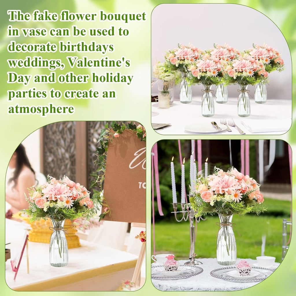 30 Pack Artificial Flowers Table Centerpieces Decorations with Vase Wedding Mason Jar 20 Bundles Silk Floral Bouquet 10 Clear Vase with 1 Pcs Rope for Party Decor(Dahlia,Pink)