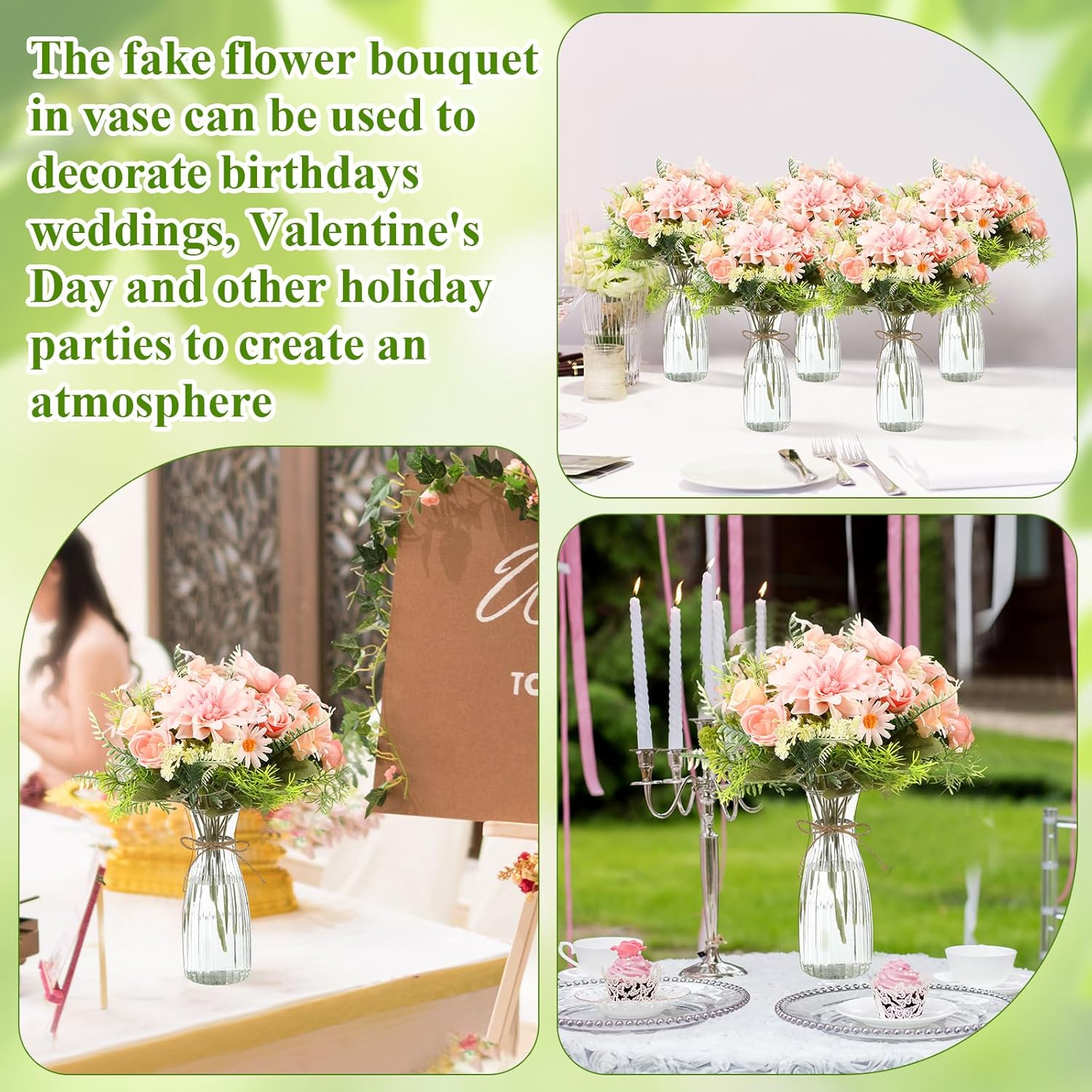 30 Pack Artificial Flowers Table Centerpieces Decorations with Vase Wedding Mason Jar 20 Bundles Silk Floral Bouquet 10 Clear Vase with 1 Pcs Rope for Party Decor(Dahlia,Pink)