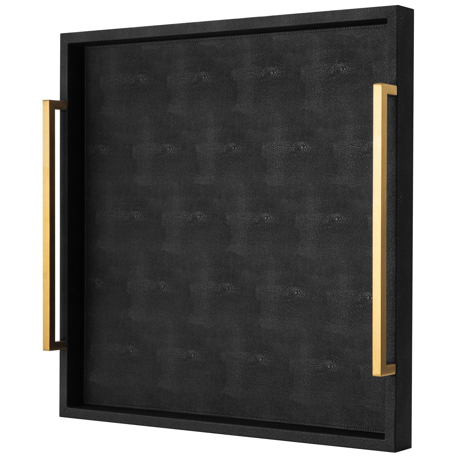 Large Ottoman Tray for Coffee Table,Square Shagreen Leather Decorative Tray with Gold Handles for Living Room Decor