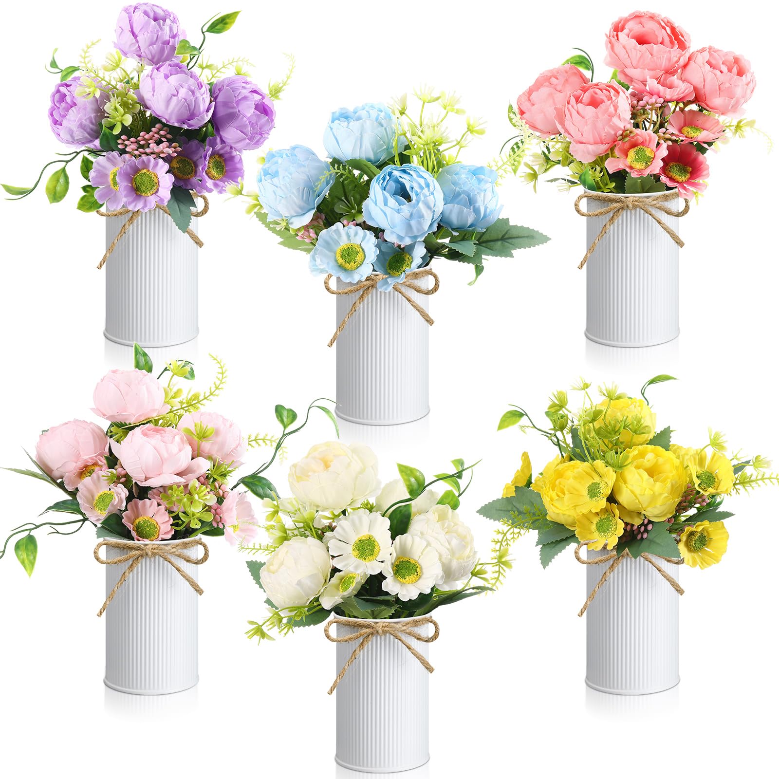 6 Sets Flower Centerpieces for Tables Decor Artificial Hydrangeas with Vase and Hemp Rope Floral Arrangement Faux Flowers Fake Hydrangea Bouquets for Table Wedding Home Office Party