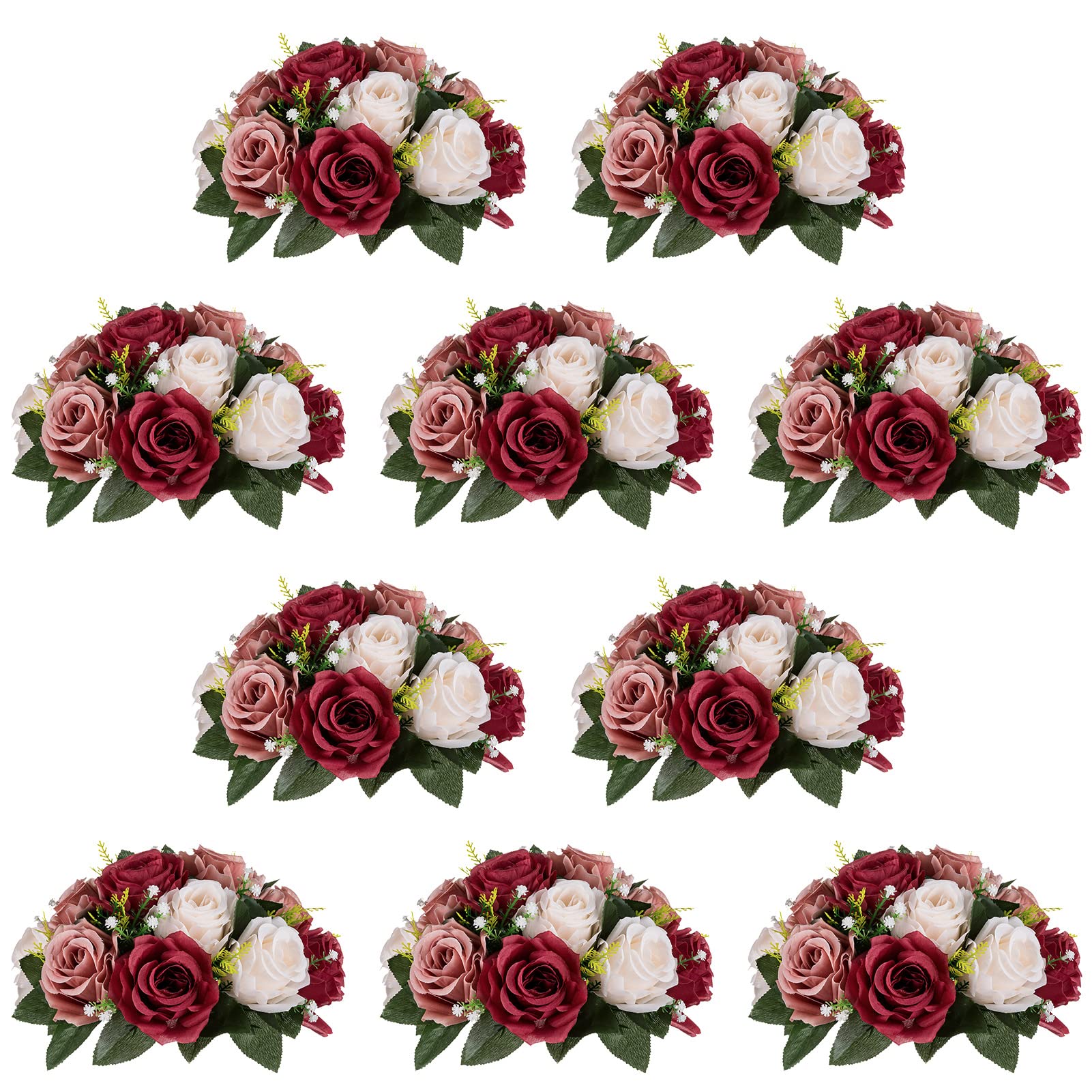 Nuptio Artificial Flower Centrepieces for Tables - 6 Pcs Burgundy & Dusty Rose & Creamy White Fake Flowers Roses Balls 9.5in Diam - Silk Faux Rose Arrangement for Wedding Party Centerpiece Table Decor