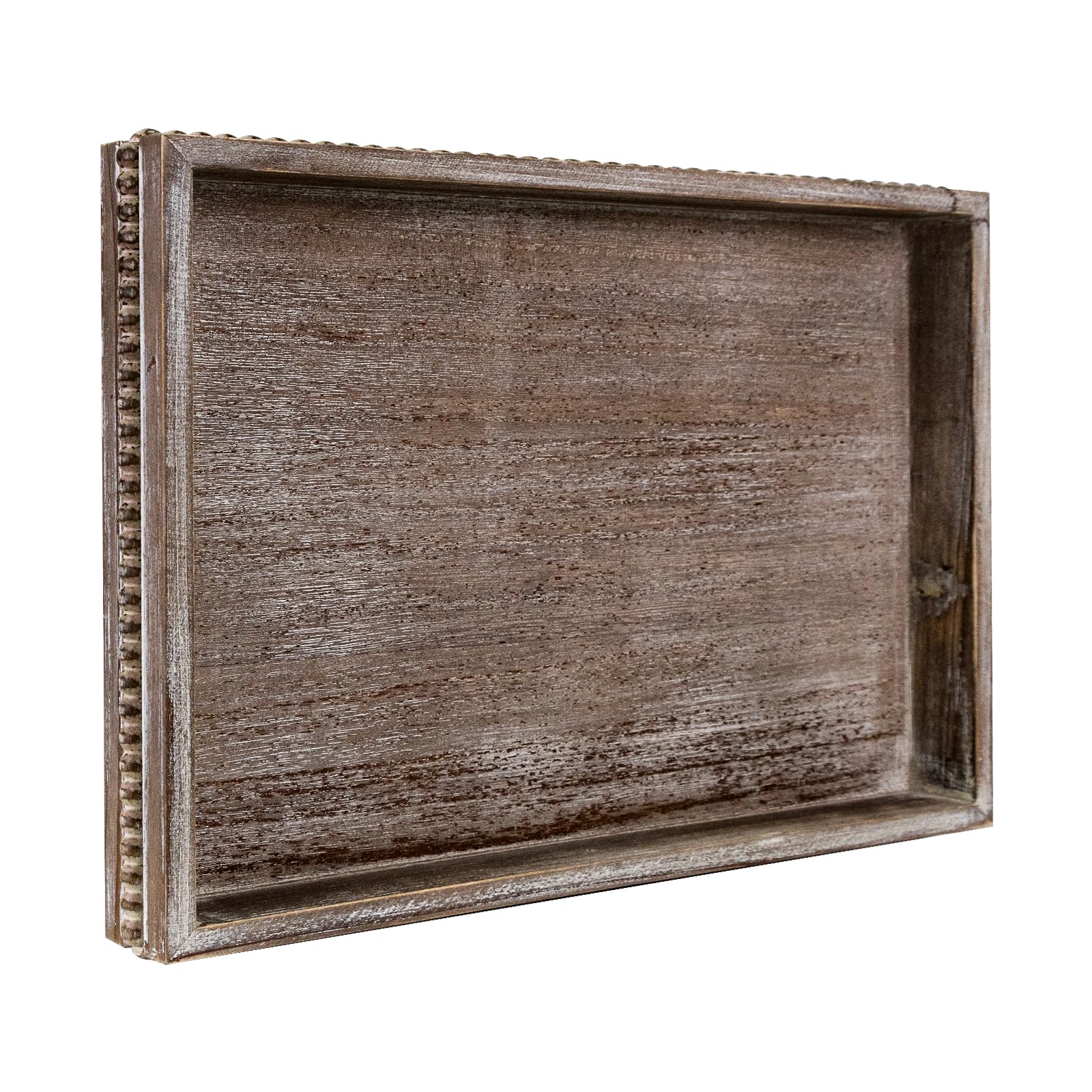 Wooden Decorative Tray, Rustic Serving Tray with Wood Bead, Farmhouse Big Tray for Ottoman, Countertop, Coffee Tabl, 16.5" x 13"x 1.6" (White Washed)