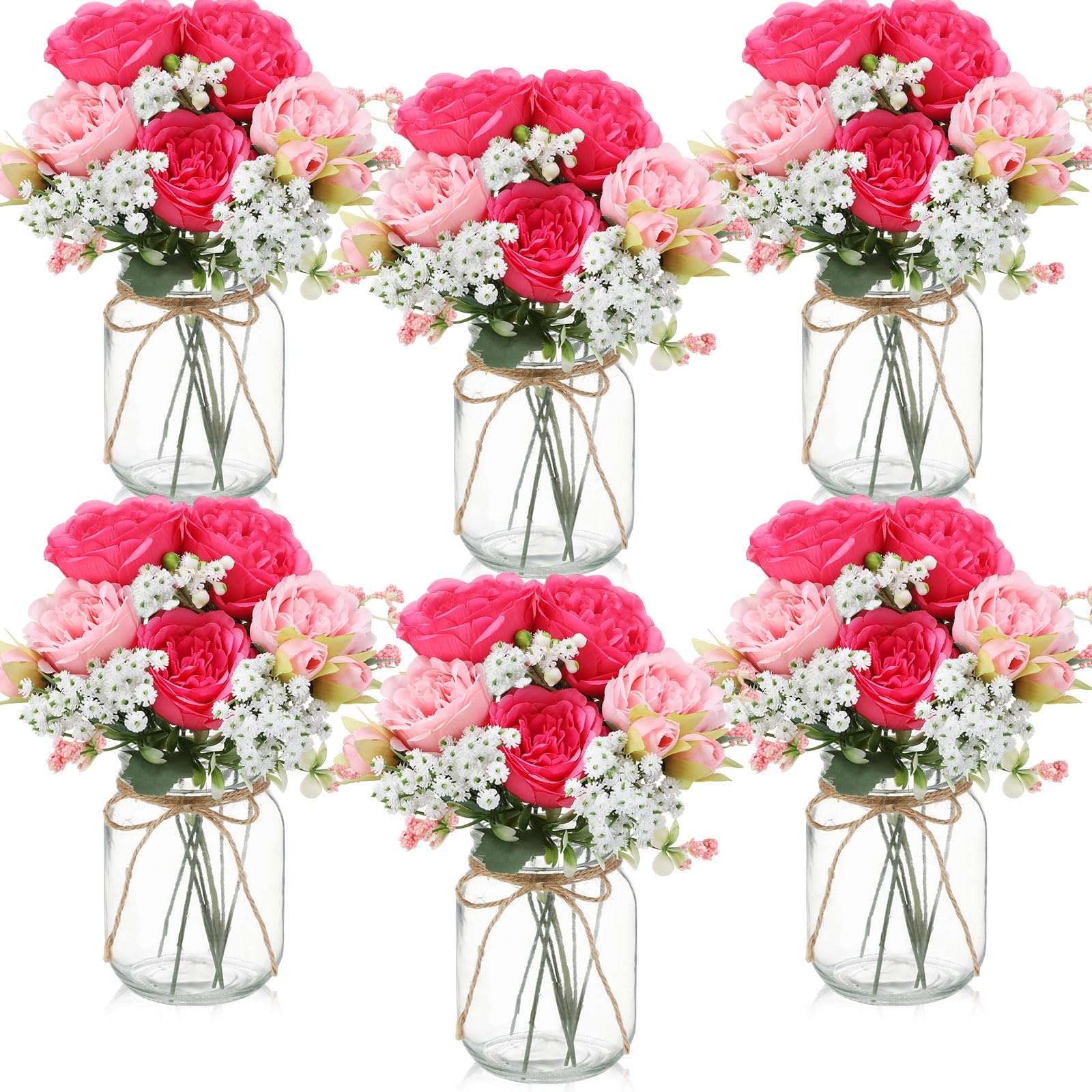 Zeyune 12 Sets Mason Jar Centerpiece Table Decorations, Artificial Peony Baby's Breath Flower Bouquets, Faux Flowers with Vase, Rustic Decor Gifts for Home, Wedding, Holiday (White)
