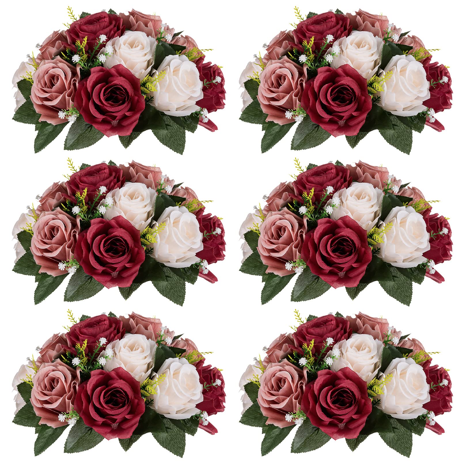 Nuptio Artificial Flower Centrepieces for Tables - 6 Pcs Burgundy & Dusty Rose & Creamy White Fake Flowers Roses Balls 9.5in Diam - Silk Faux Rose Arrangement for Wedding Party Centerpiece Table Decor