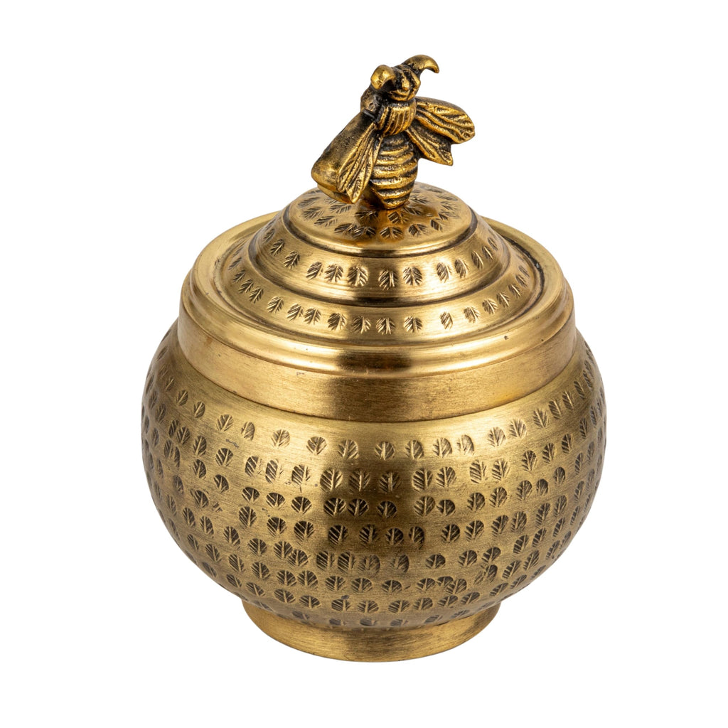 Round Hammered Metal Container with Bird Finial, Brass Finish