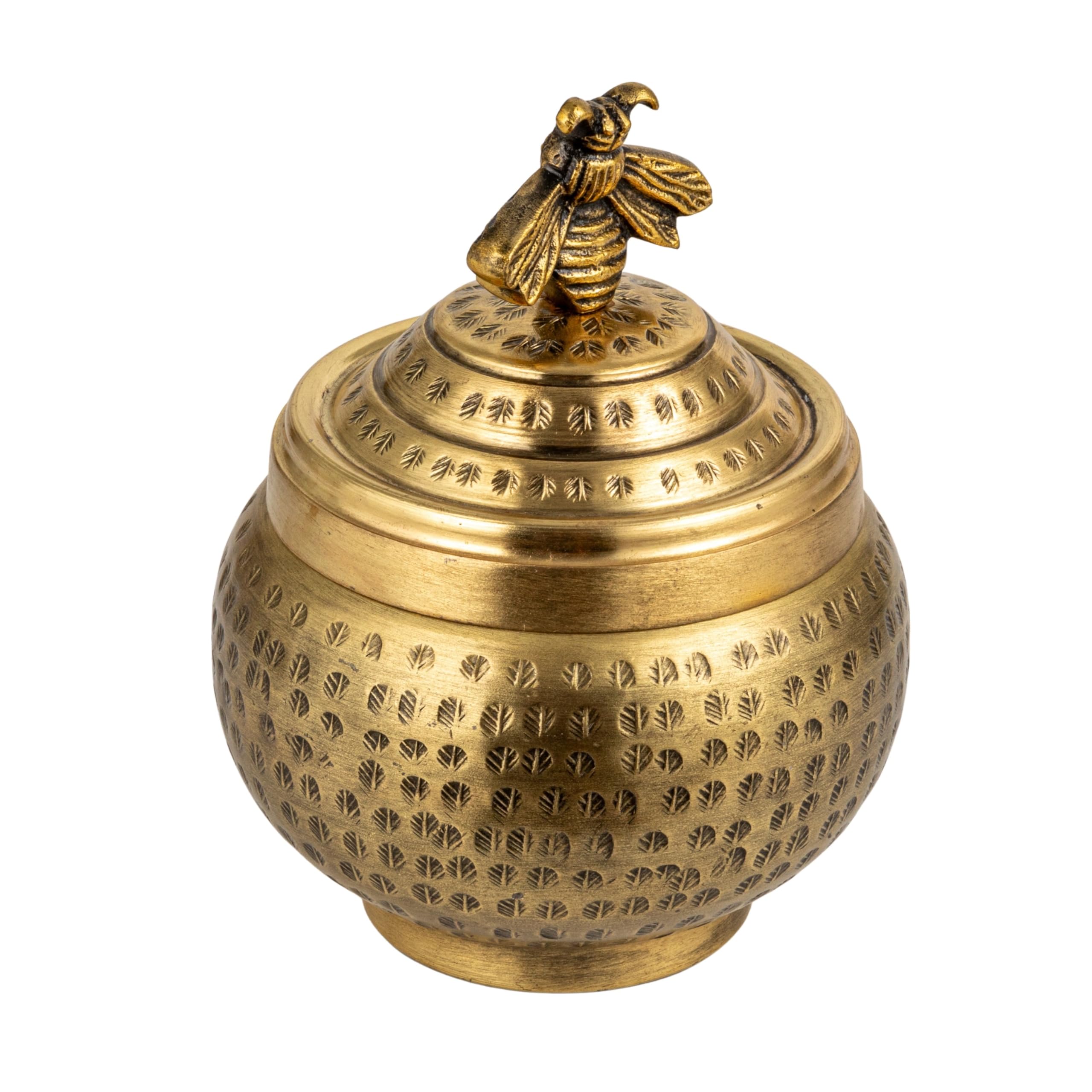 Round Hammered Metal Container with Bird Finial, Brass Finish