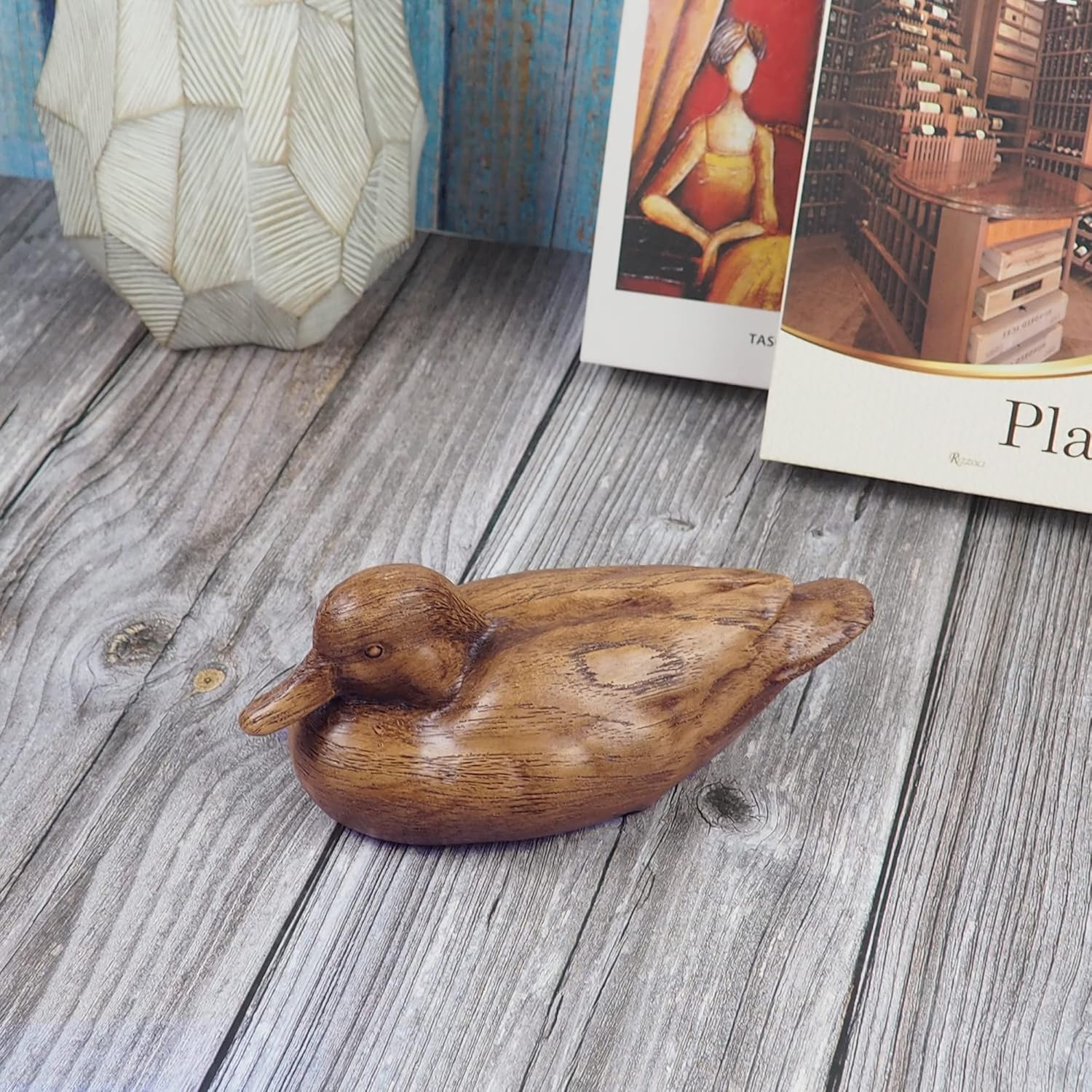 Hymmah Wooden Texture Duck Home Decor Statue Rustic Home Decorations for Living Room, Boho Sculpture Resin Animal Collectible Figurines for Indoor Decor