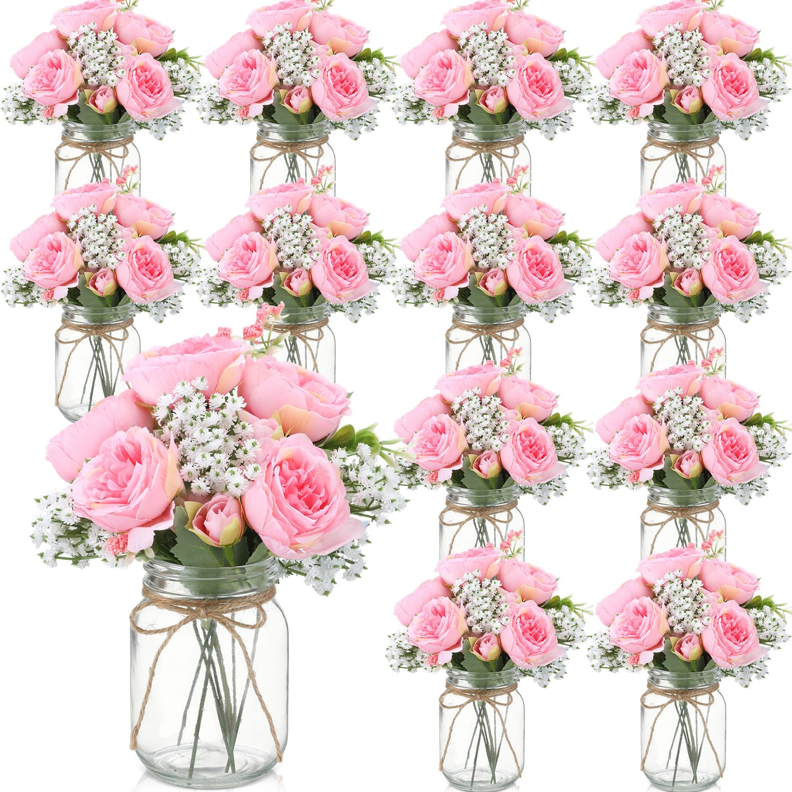 Zeyune 12 Sets Mason Jar Centerpiece Table Decorations, Artificial Peony Baby's Breath Flower Bouquets, Faux Flowers with Vase, Rustic Decor Gifts for Home, Wedding, Holiday (White)