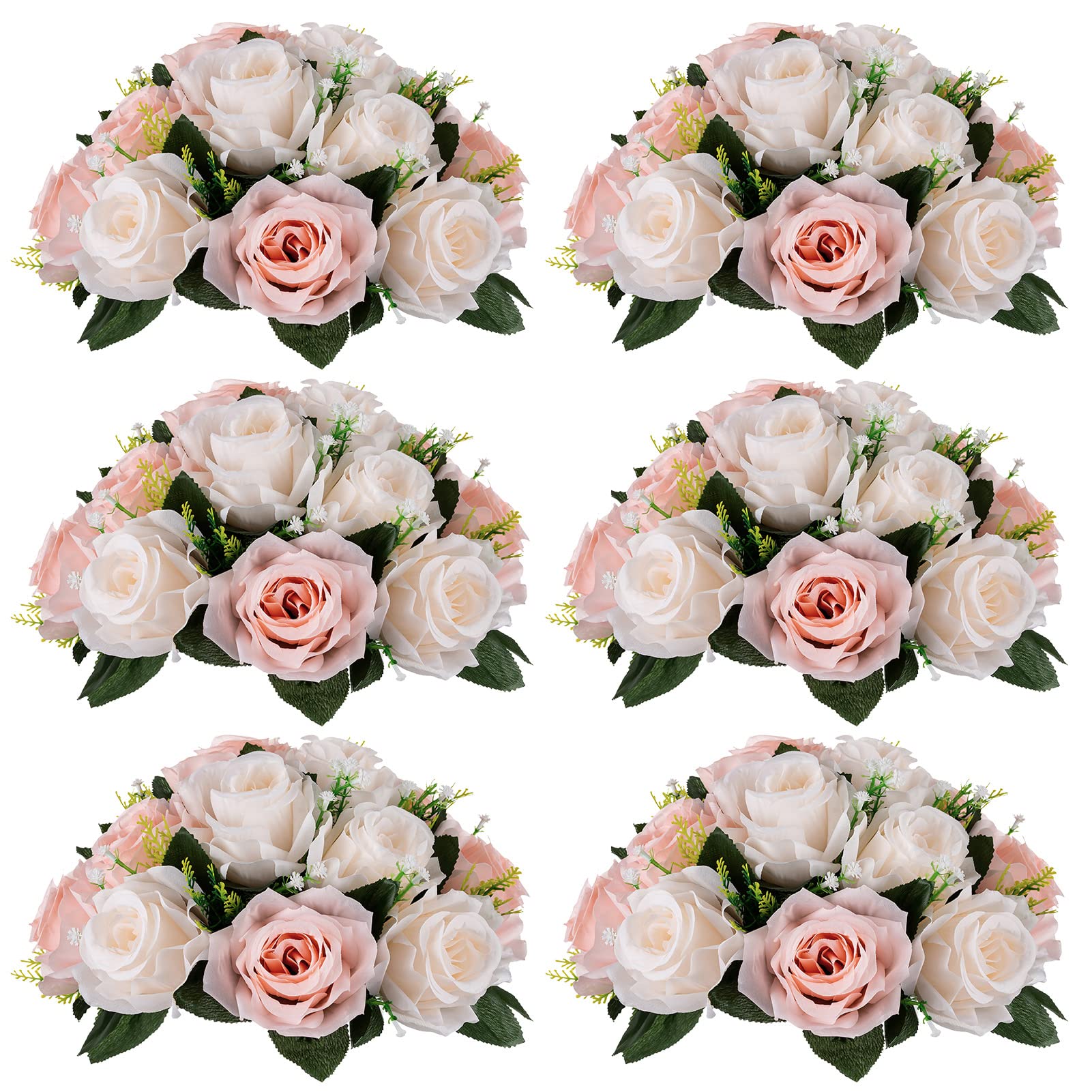 Nuptio Artificial Flower Centrepieces for Tables - 6 Pcs Burgundy & Dusty Rose & Creamy White Fake Flowers Roses Balls 9.5in Diam - Silk Faux Rose Arrangement for Wedding Party Centerpiece Table Decor