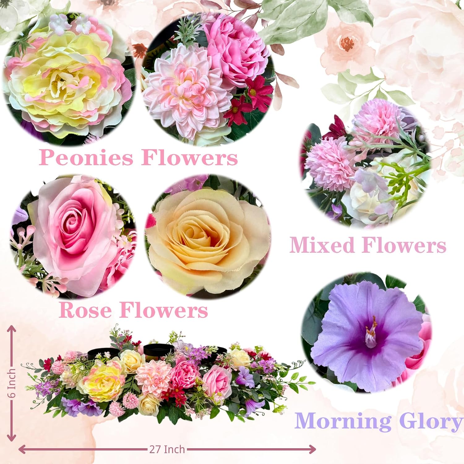 Candle Holder Centerpiece for Table Artificial Peonies Flowers,Rose Flowers and Morning Glory for Wedding Party Table Centerpieces Mixed Flowers Floral Arrangement Home Kitchen Decor