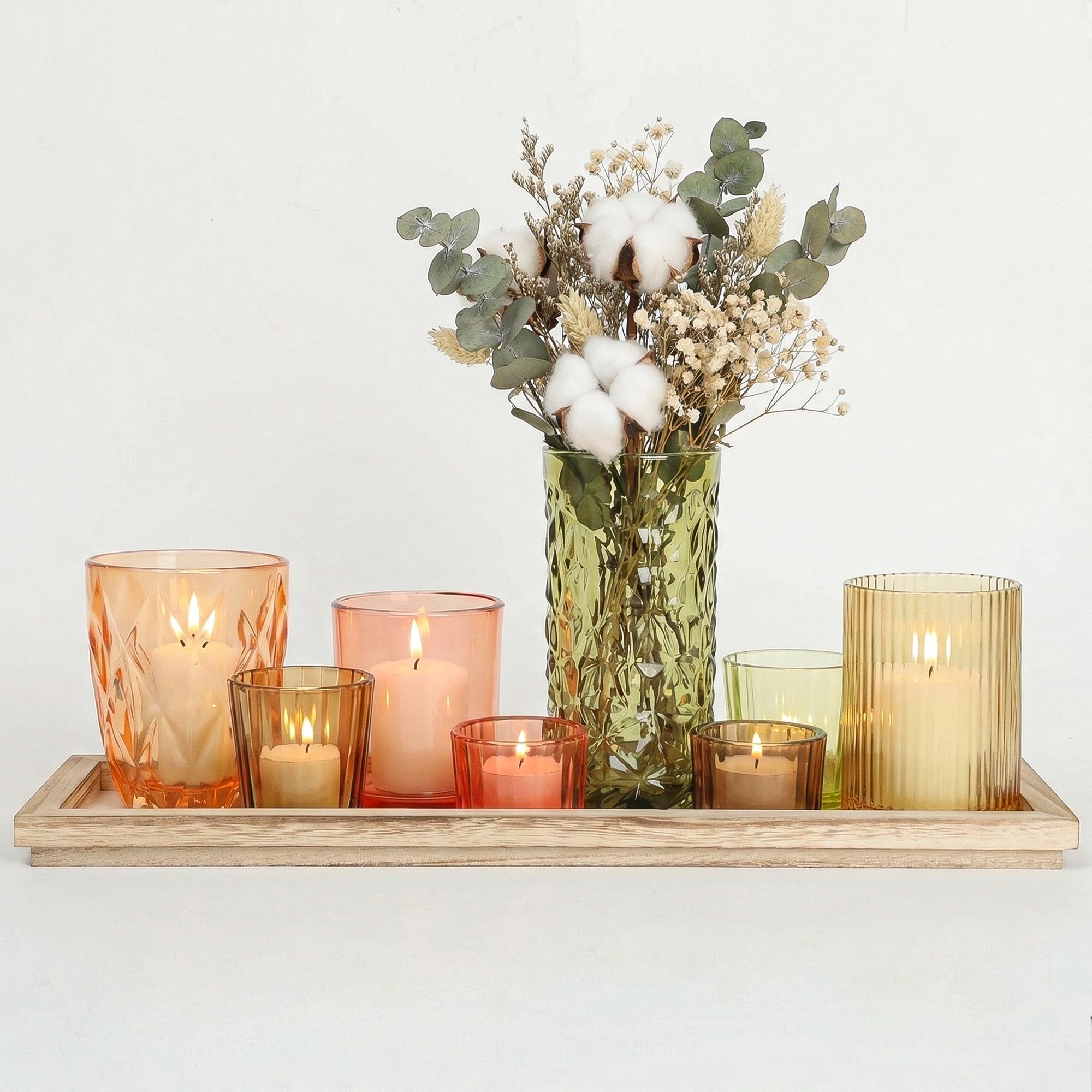 Rustic Wooden Tray with 8 Brown Glass Votive Candle Holders, Decorative Tea Light Holder Set for Mantel, Centerpiece, Dining Table Centerpiece Set, and Home Decor(Set of 8 Pieces)