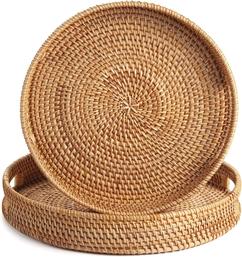 Coffee Table Tray Round Rattan Ottoman Tray Woven Serving Trays with Handles for Home and Kitchen Decorative Natural (Large 14 inch x 2.4 inch)