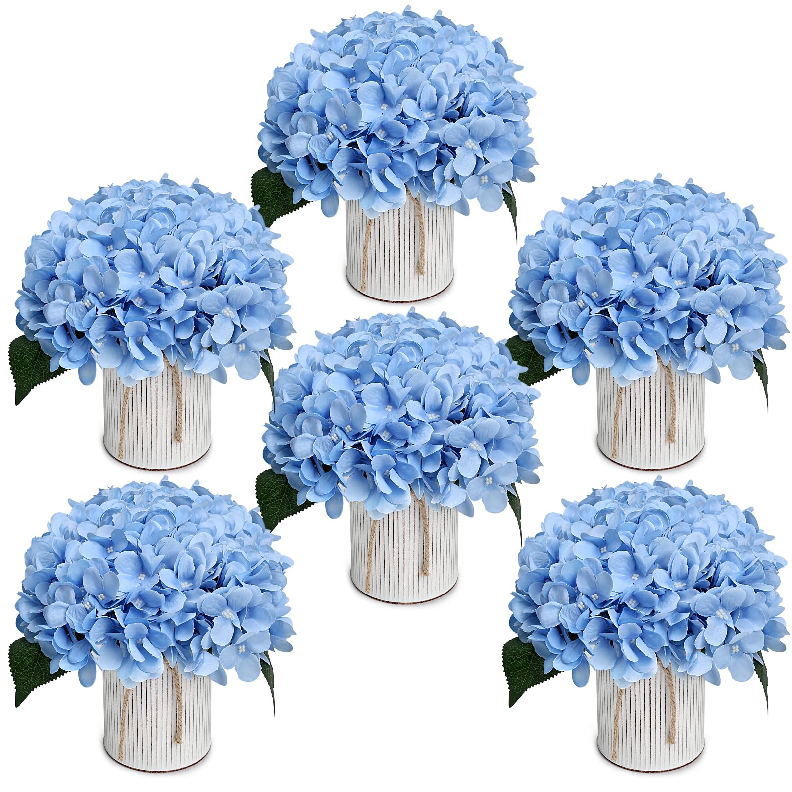 Flower Table Centerpieces - Set of 6 Floral Arrangement Artificial Wedding Hydrangeas Floral Arrangement with Rustic Metal Vase for Bridal Tea Party Event Decorations - Dusty Blue