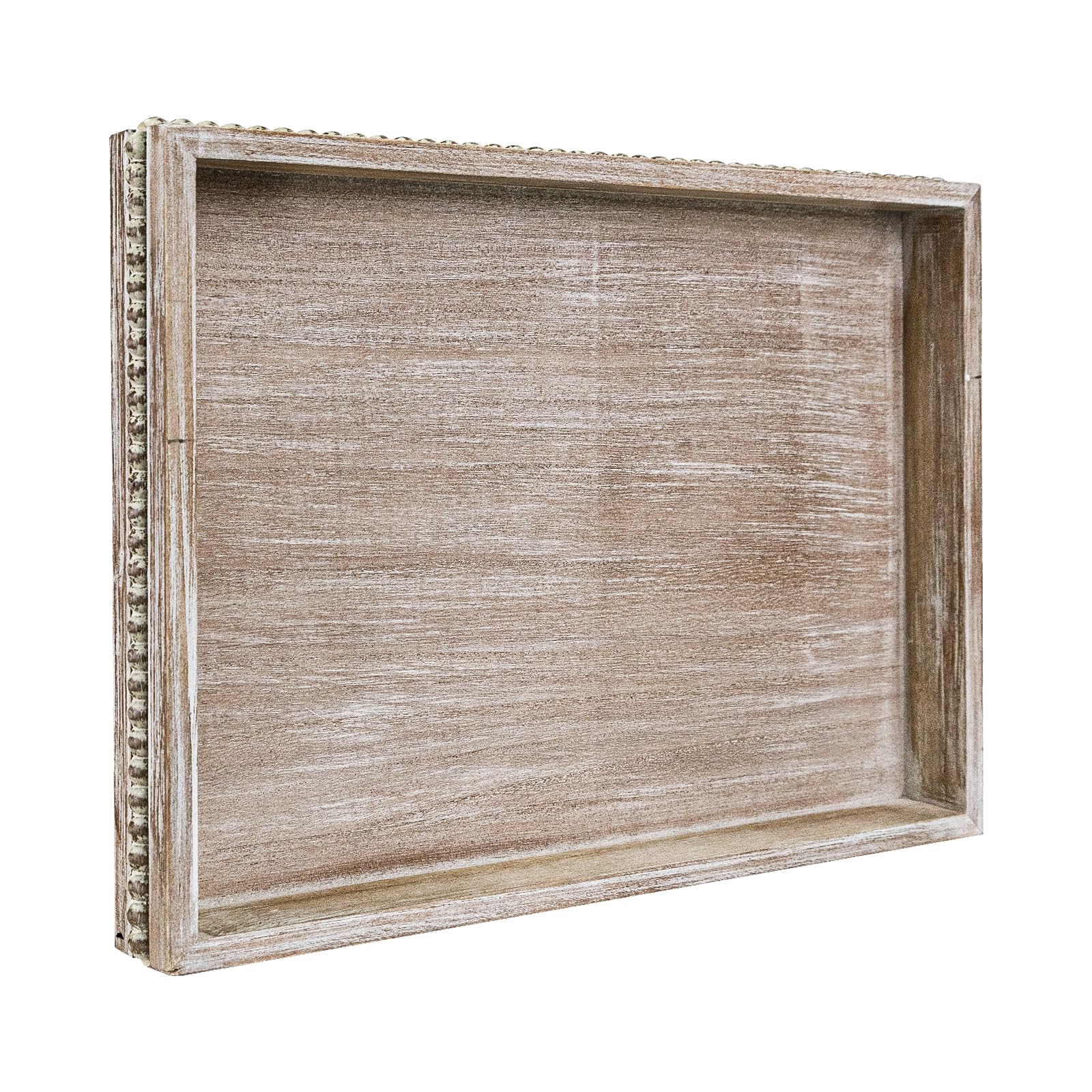 Wooden Decorative Tray, Rustic Serving Tray with Wood Bead, Farmhouse Big Tray for Ottoman, Countertop, Coffee Tabl, 16.5" x 13"x 1.6" (White Washed)