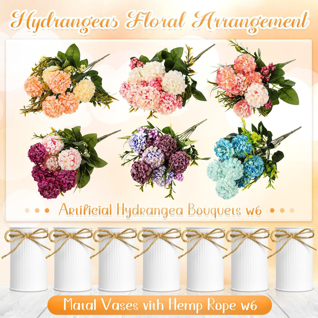 6 Sets Flower Centerpieces for Tables Decor Artificial Hydrangeas with Vase and Hemp Rope Floral Arrangement Faux Flowers Fake Hydrangea Bouquets for Table Wedding Home Office Party