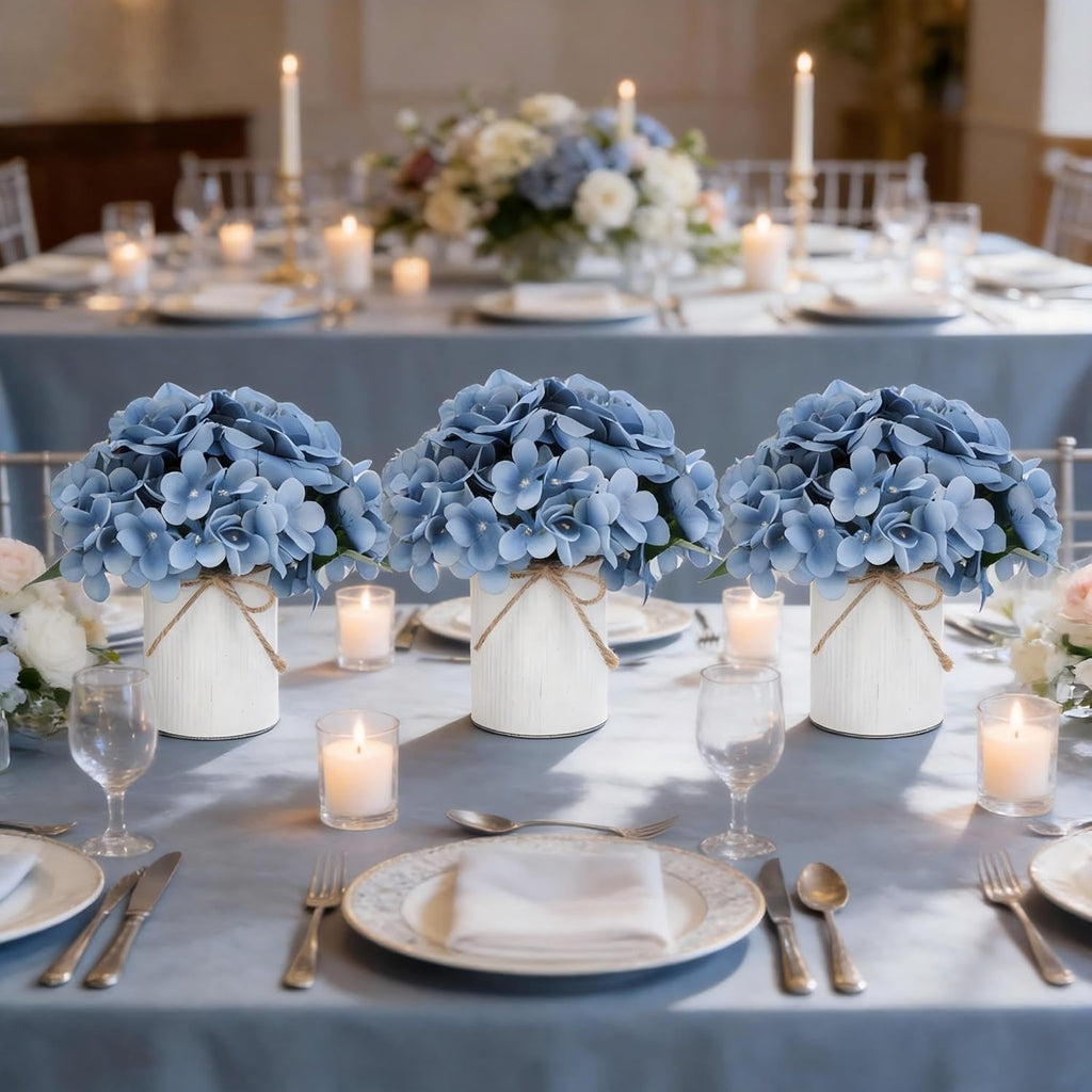 Flower Table Centerpieces - Set of 6 Floral Arrangement Artificial Wedding Hydrangeas Floral Arrangement with Rustic Metal Vase for Bridal Tea Party Event Decorations - Dusty Blue