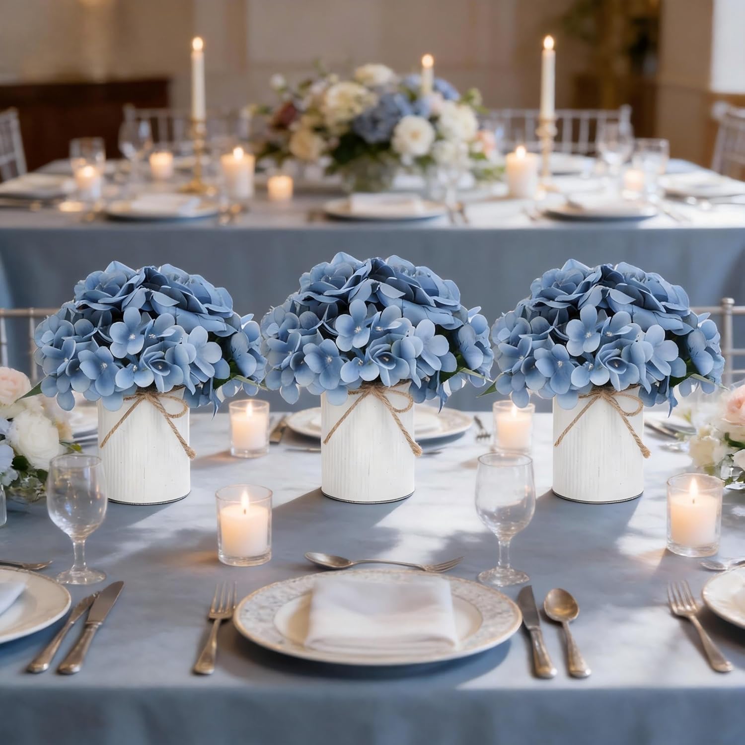 Flower Table Centerpieces - Set of 6 Floral Arrangement Artificial Wedding Hydrangeas Floral Arrangement with Rustic Metal Vase for Bridal Tea Party Event Decorations - Dusty Blue