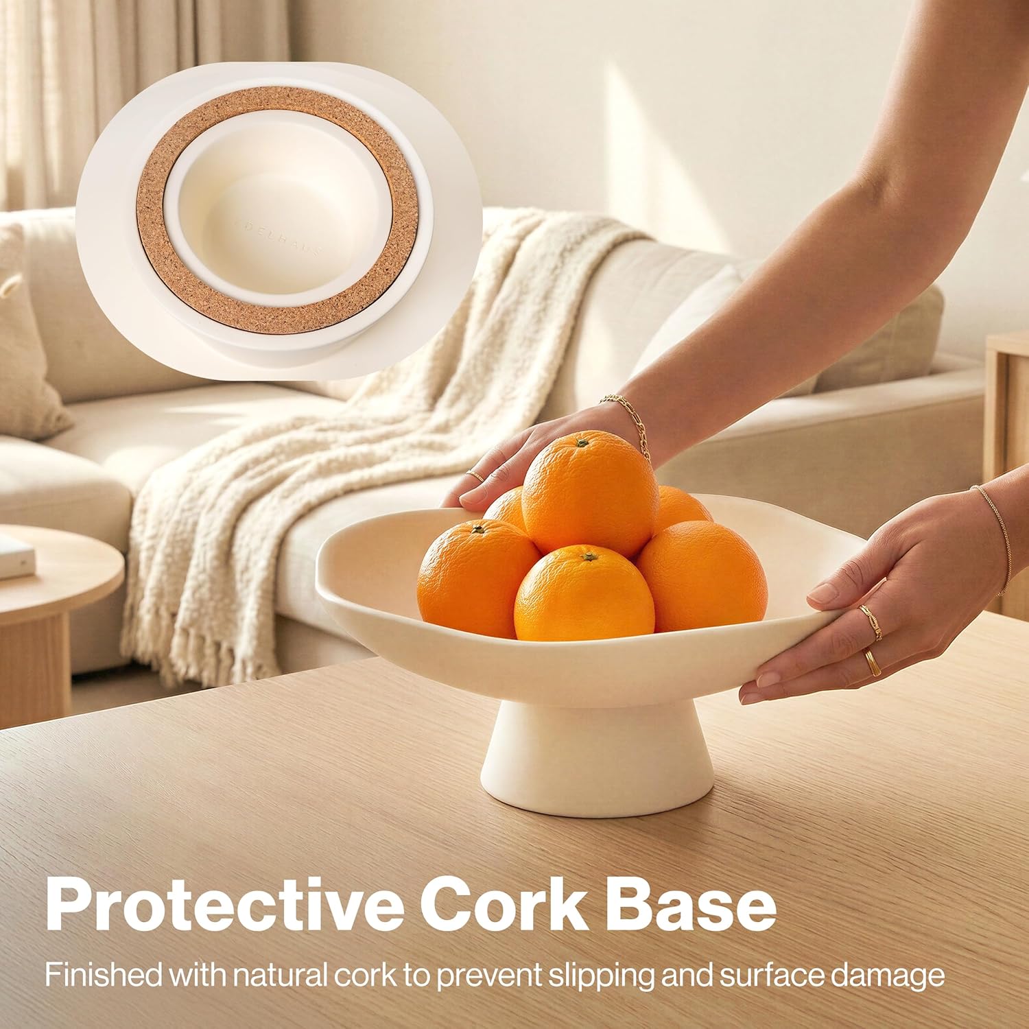 Modern Concrete Fruit Bowl for Kitchen Counter – Cream White Decorative Pedestal Bowl, 11.2” Wide Minimalist Fruit Tray for Home Décor, Table Decor, Entryway Key Bowl
