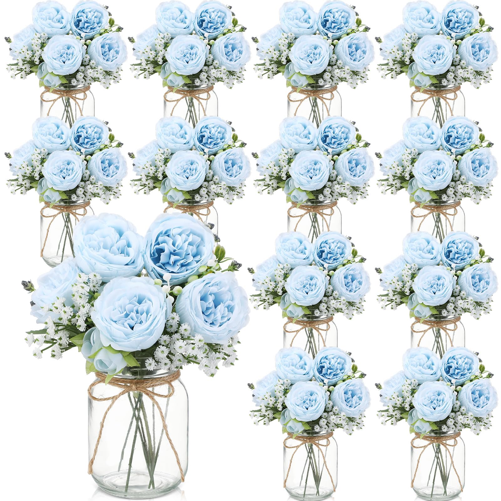 Zeyune 12 Sets Mason Jar Centerpiece Table Decorations, Artificial Peony Baby's Breath Flower Bouquets, Faux Flowers with Vase, Rustic Decor Gifts for Home, Wedding, Holiday (White)