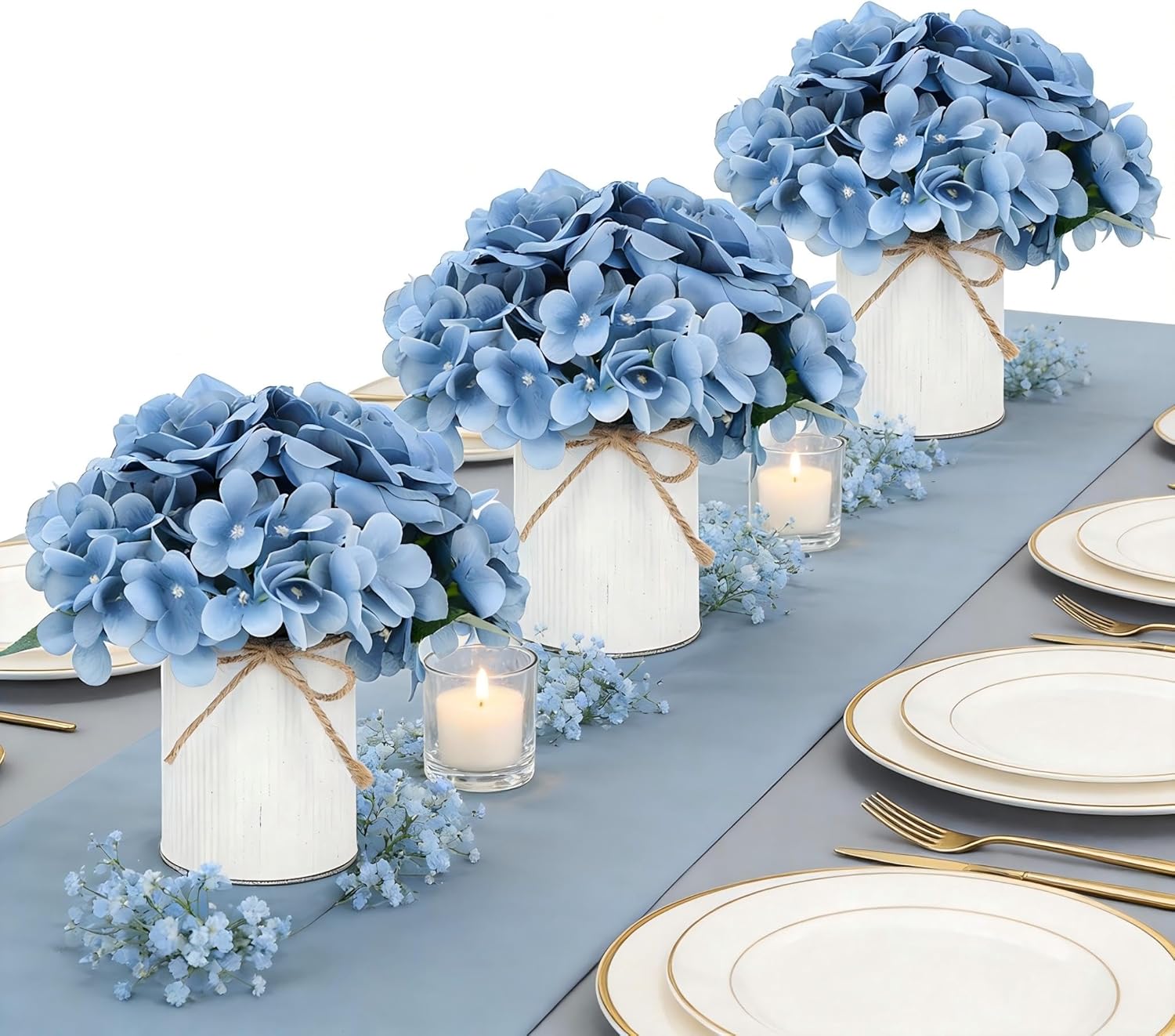 Flower Table Centerpieces - Set of 6 Floral Arrangement Artificial Wedding Hydrangeas Floral Arrangement with Rustic Metal Vase for Bridal Tea Party Event Decorations - Dusty Blue