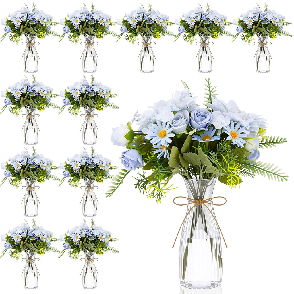 30 Pack Artificial Flowers Table Centerpieces Decorations with Vase Wedding Mason Jar 20 Bundles Silk Floral Bouquet 10 Clear Vase with 1 Pcs Rope for Party Decor(Dahlia,Pink)
