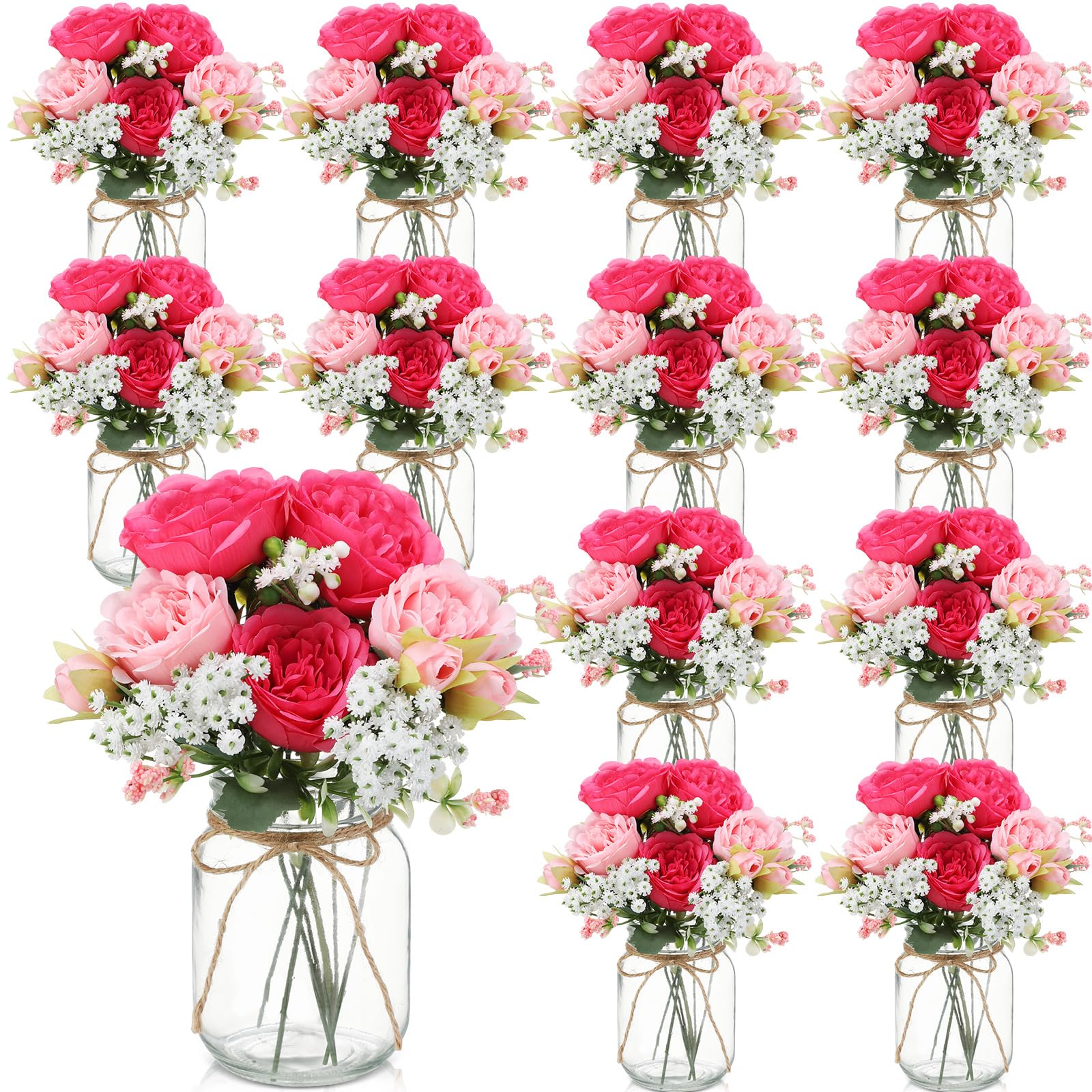 Zeyune 12 Sets Mason Jar Centerpiece Table Decorations, Artificial Peony Baby's Breath Flower Bouquets, Faux Flowers with Vase, Rustic Decor Gifts for Home, Wedding, Holiday (White)