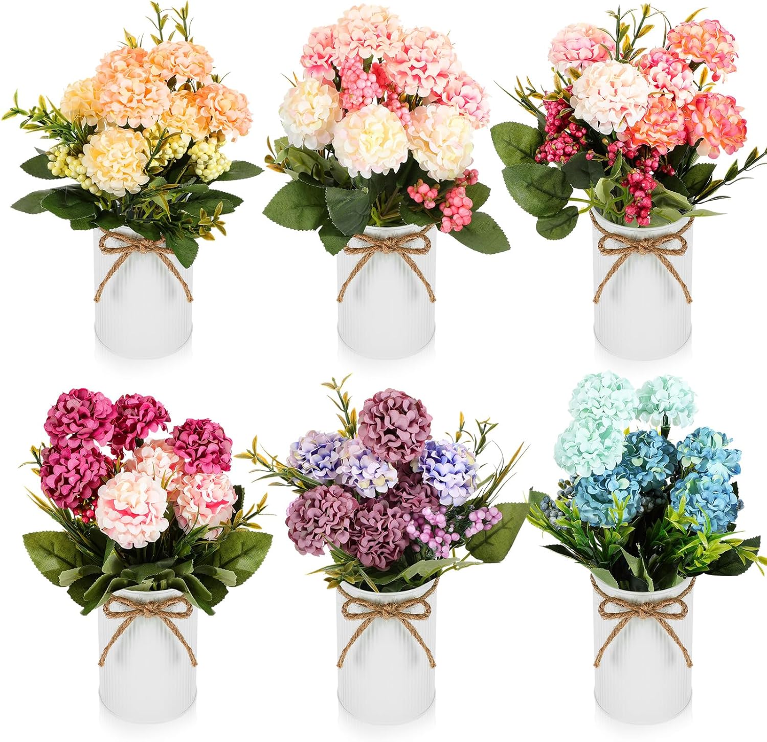 6 Sets Flower Centerpieces for Tables Decor Artificial Hydrangeas with Vase and Hemp Rope Floral Arrangement Faux Flowers Fake Hydrangea Bouquets for Table Wedding Home Office Party