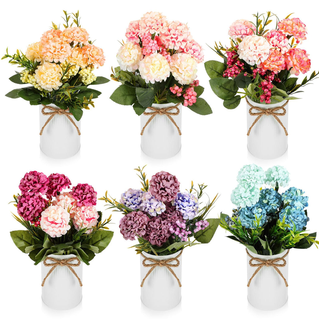 6 Sets Flower Centerpieces for Tables Decor Artificial Hydrangeas with Vase and Hemp Rope Floral Arrangement Faux Flowers Fake Hydrangea Bouquets for Table Wedding Home Office Party