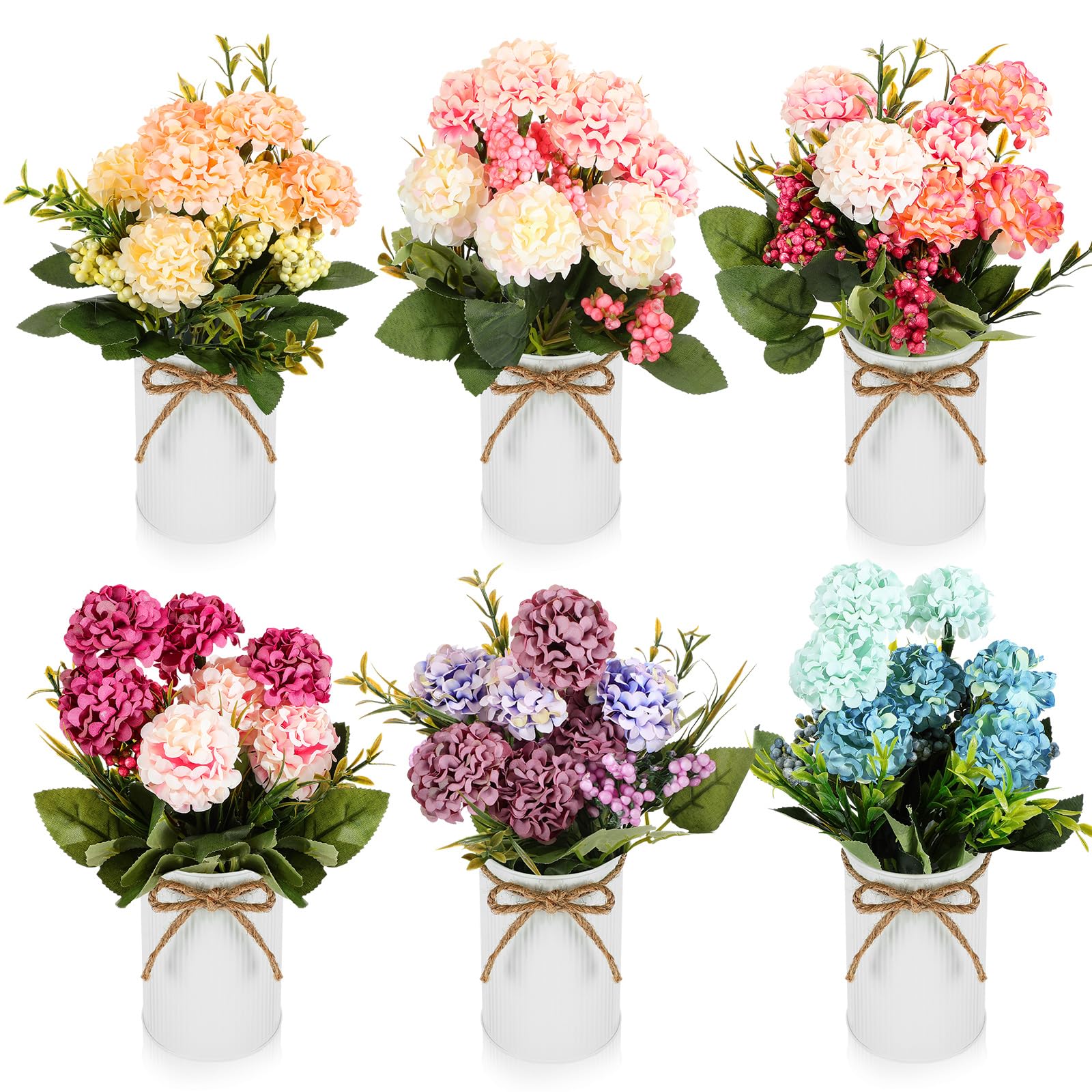 6 Sets Flower Centerpieces for Tables Decor Artificial Hydrangeas with Vase and Hemp Rope Floral Arrangement Faux Flowers Fake Hydrangea Bouquets for Table Wedding Home Office Party
