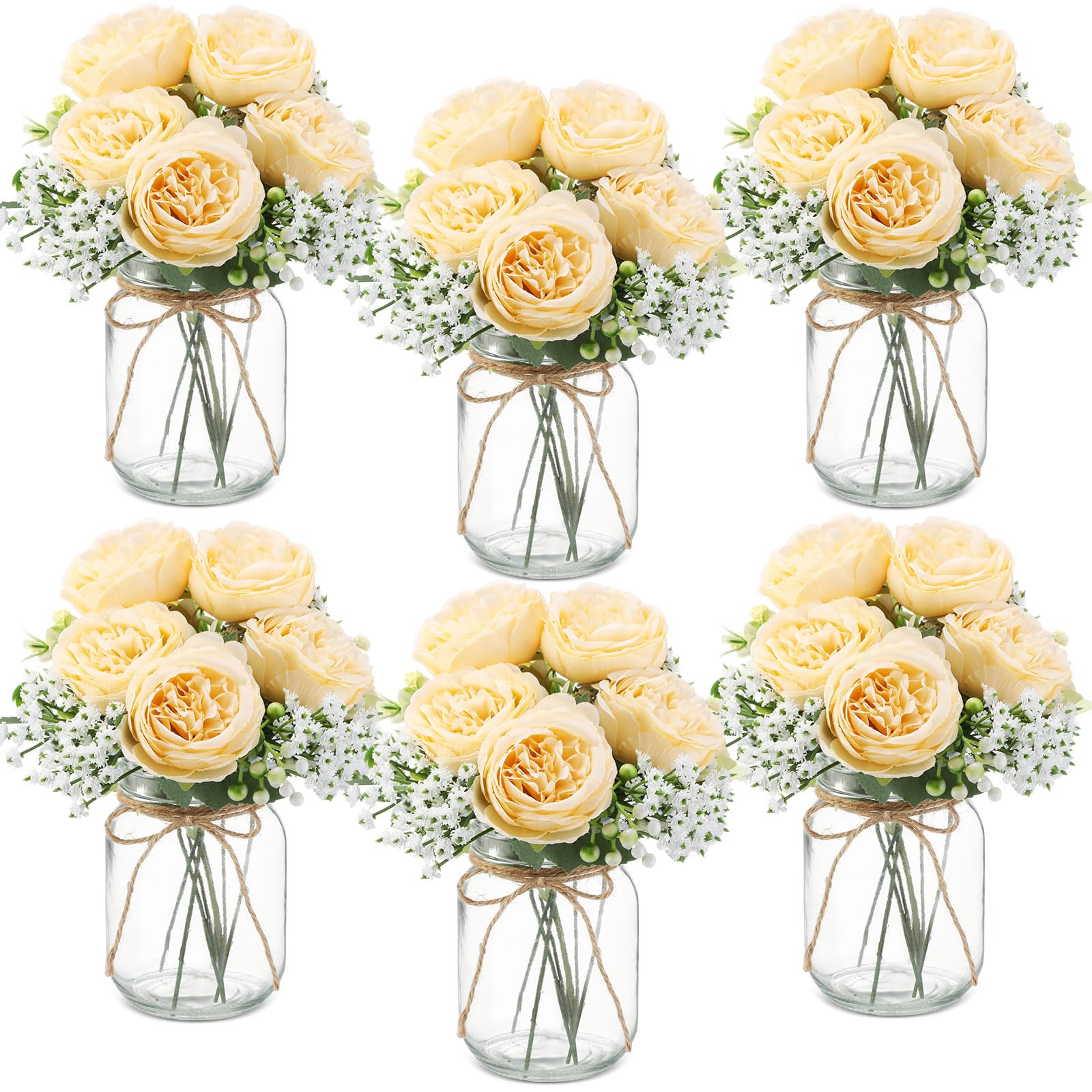 Zeyune 12 Sets Mason Jar Centerpiece Table Decorations, Artificial Peony Baby's Breath Flower Bouquets, Faux Flowers with Vase, Rustic Decor Gifts for Home, Wedding, Holiday (White)