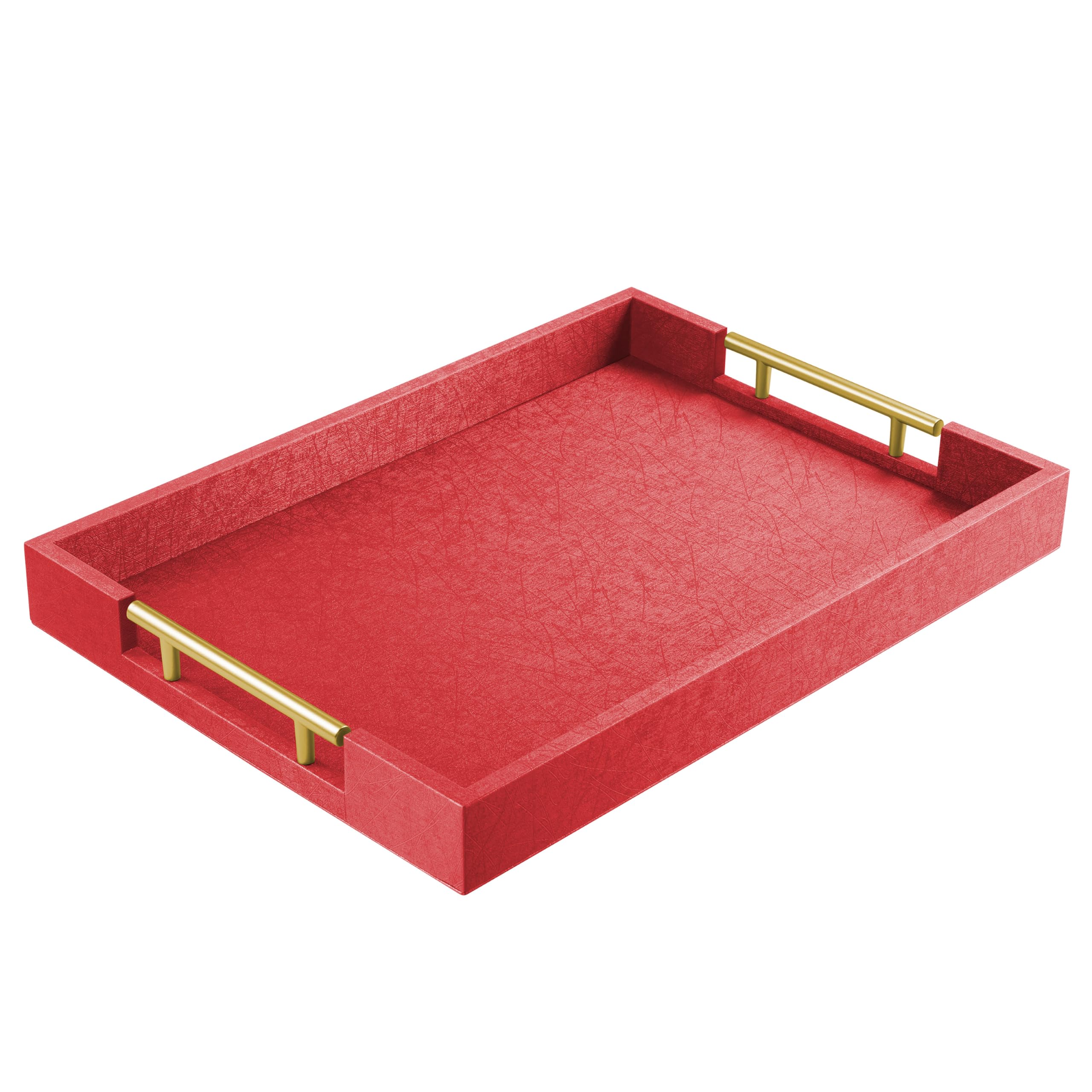 17" x 12" Wood Serving Tray with Gold Polished Metal Handles, Home Decorative Wooden Rectangle Ottoman Leather Decor Platter Bathroom Vanity Tray for All Occasions White