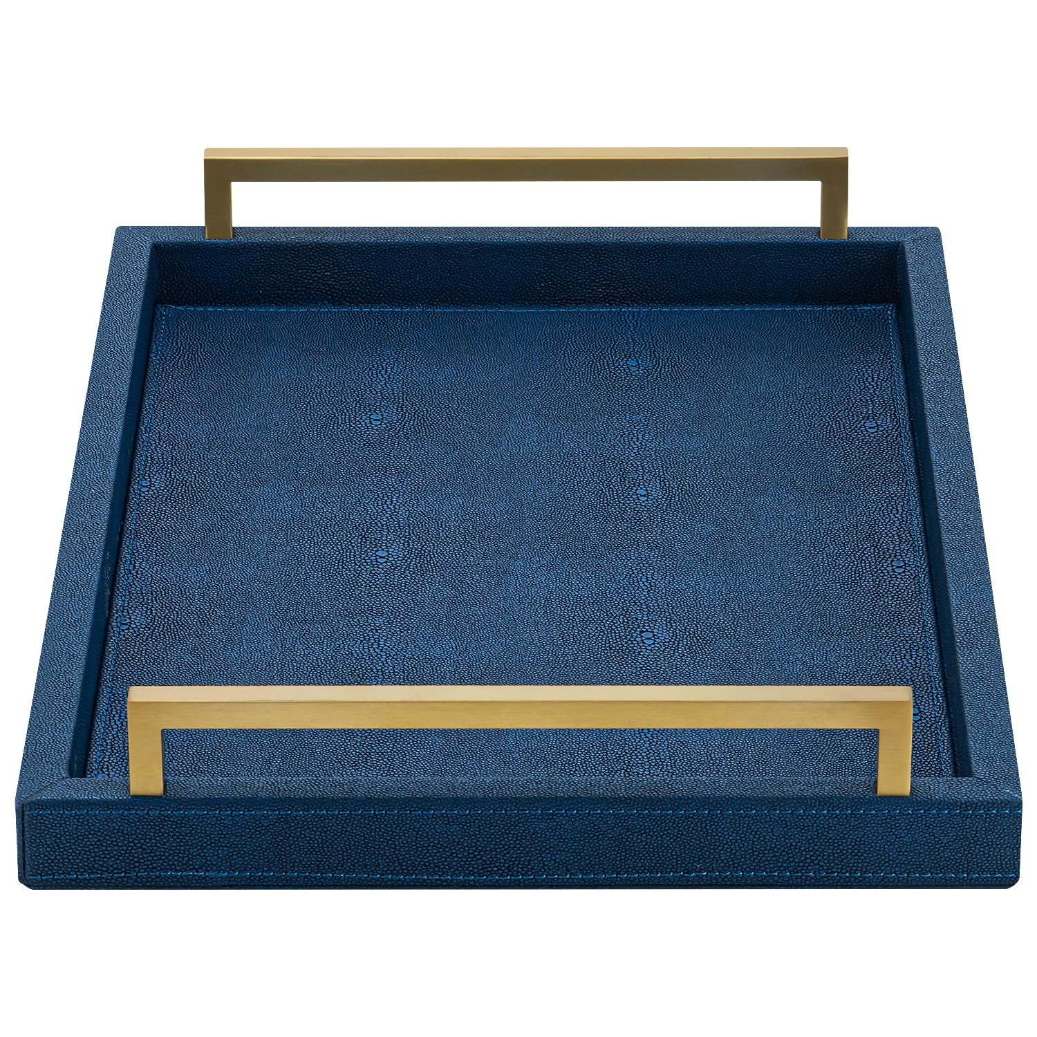 Large Ottoman Tray for Coffee Table,Square Shagreen Leather Decorative Tray with Gold Handles for Living Room Decor