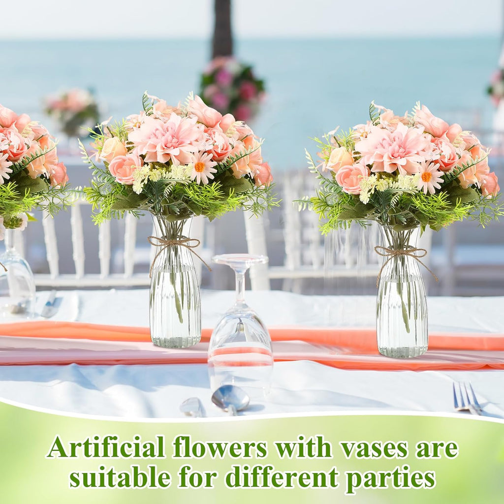 30 Pack Artificial Flowers Table Centerpieces Decorations with Vase Wedding Mason Jar 20 Bundles Silk Floral Bouquet 10 Clear Vase with 1 Pcs Rope for Party Decor(Dahlia,Pink)