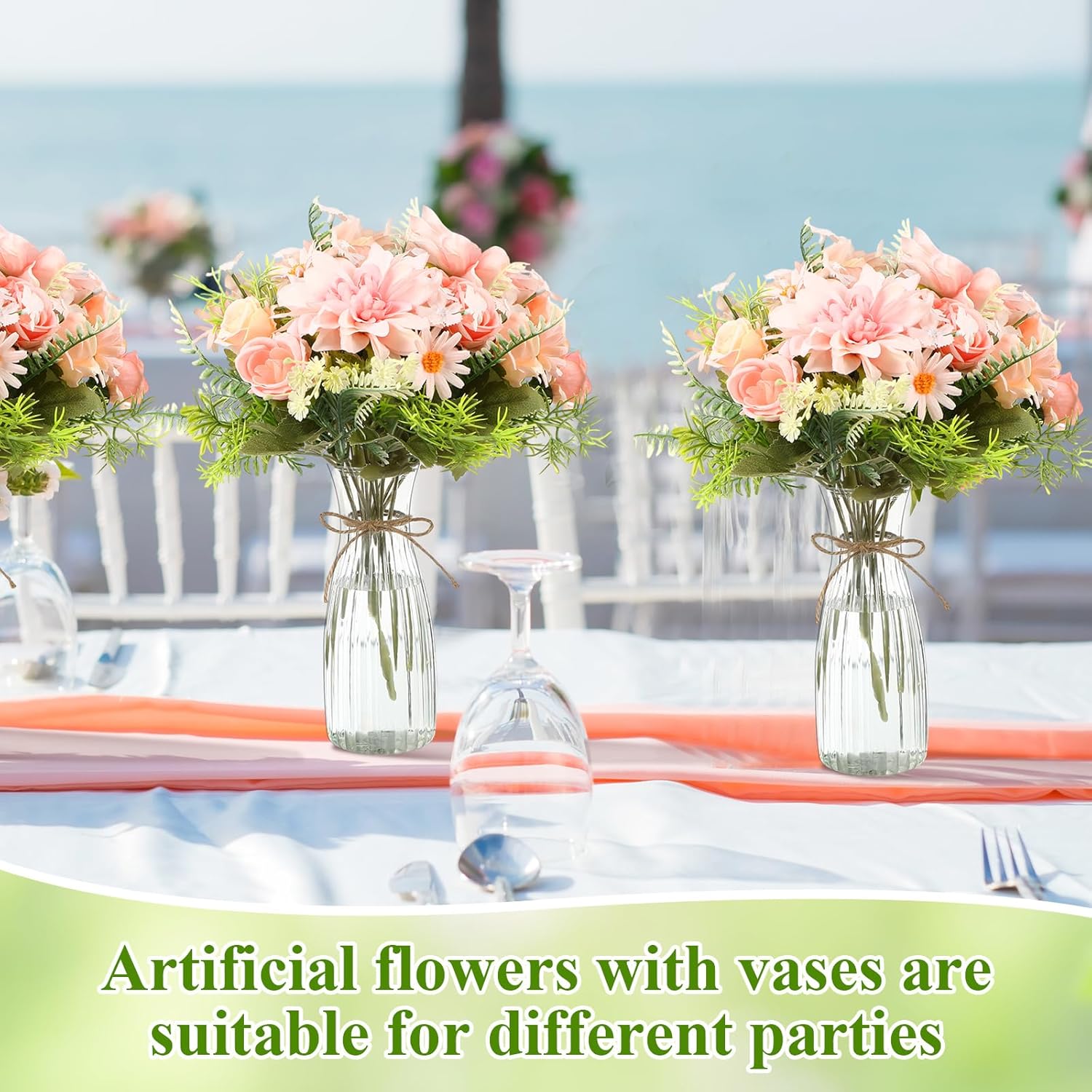 30 Pack Artificial Flowers Table Centerpieces Decorations with Vase Wedding Mason Jar 20 Bundles Silk Floral Bouquet 10 Clear Vase with 1 Pcs Rope for Party Decor(Dahlia,Pink)