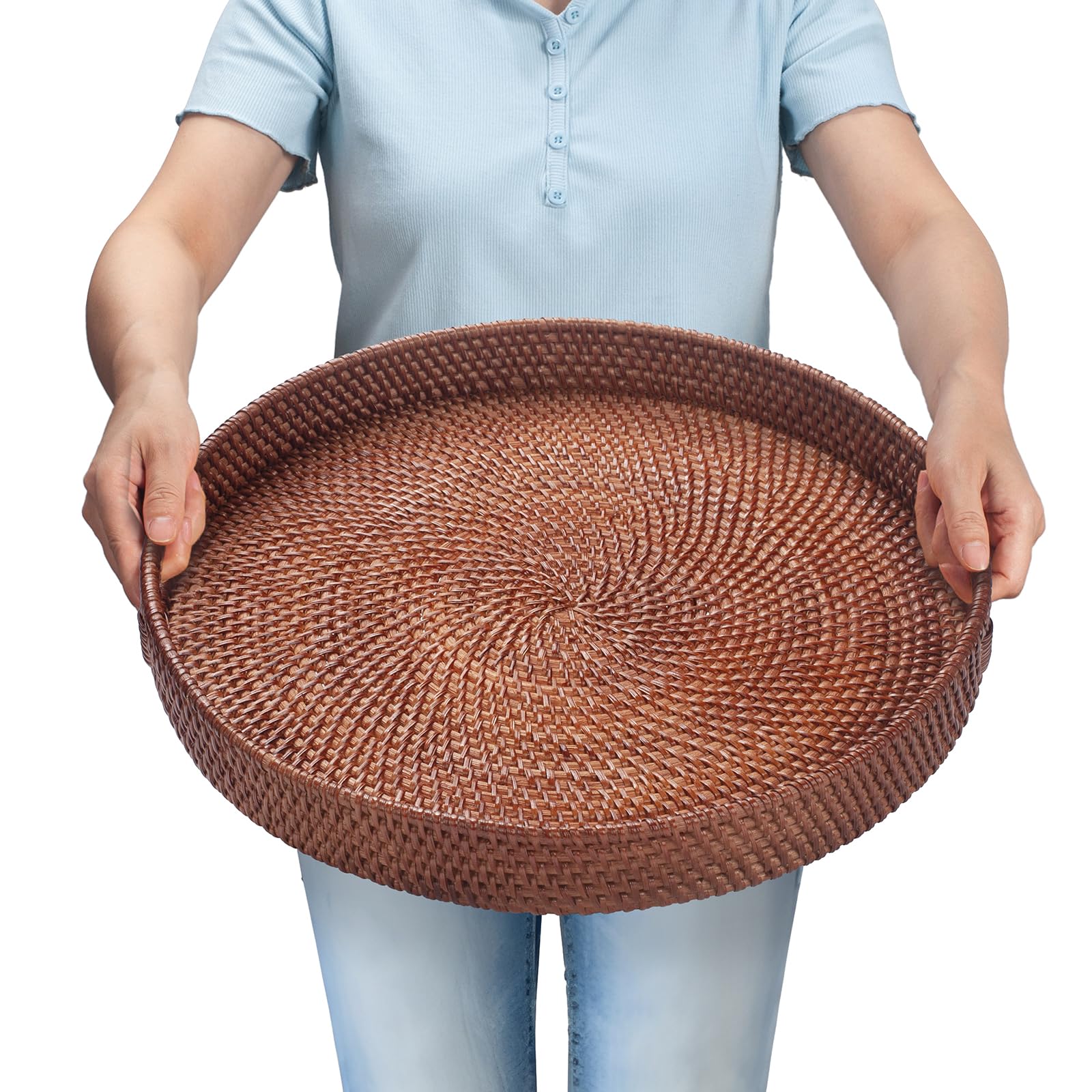 13.8 inch Round Rattan Tray, Decorative Coffee Table Tray, Ottoman Tray, Woven Serving Tray with Handles, Wicker Serving Basket, Whitewash