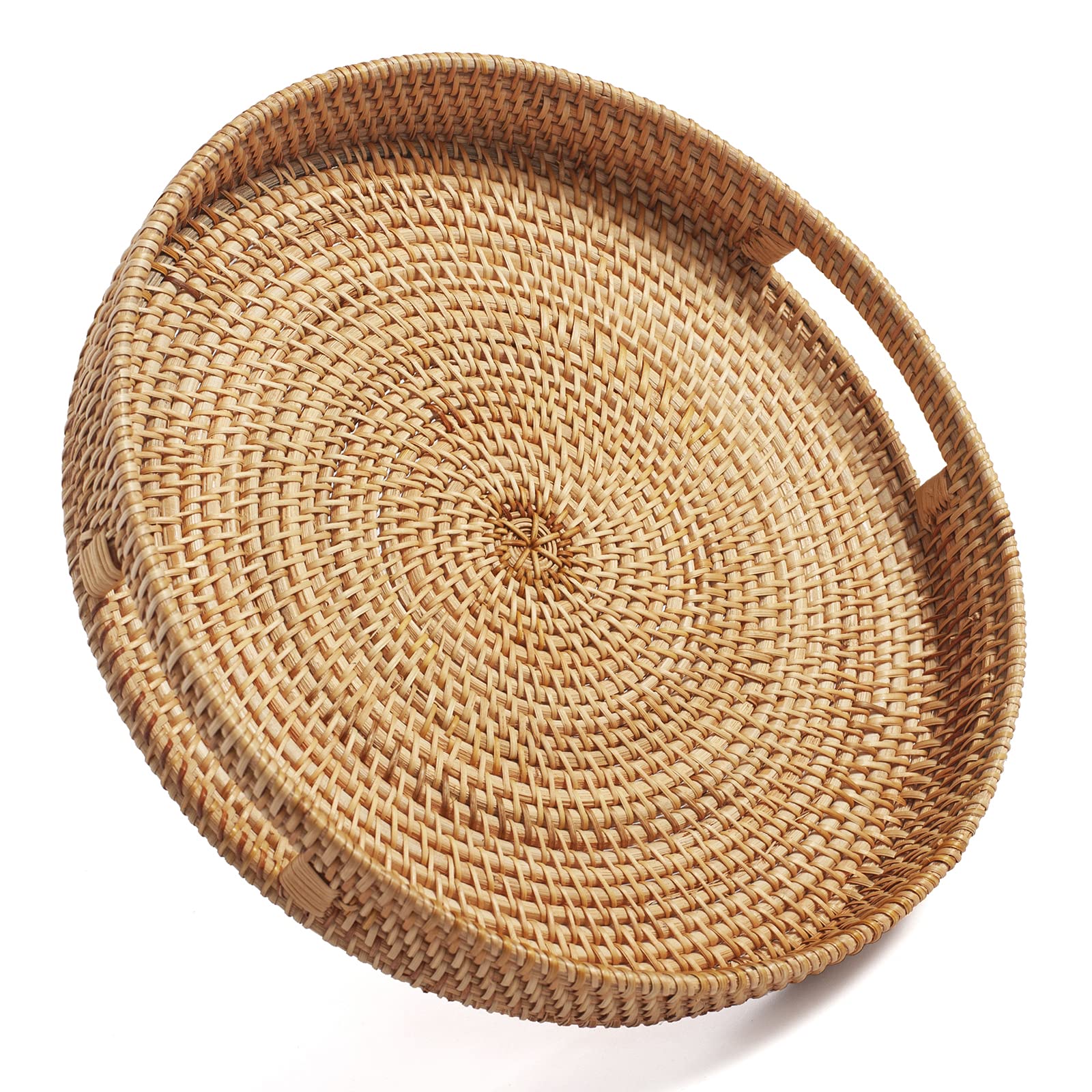 Coffee Table Tray Round Rattan Ottoman Tray Woven Serving Trays with Handles for Home and Kitchen Decorative Natural (Large 14 inch x 2.4 inch)