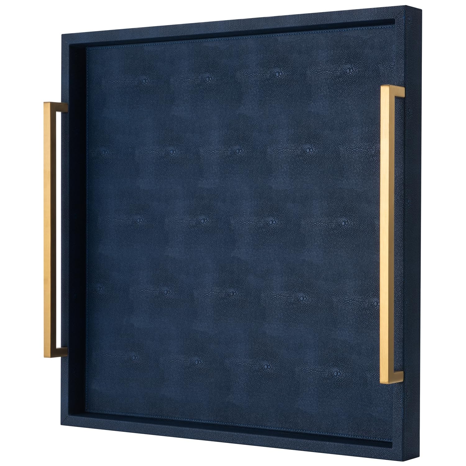 Large Ottoman Tray for Coffee Table,Square Shagreen Leather Decorative Tray with Gold Handles for Living Room Decor