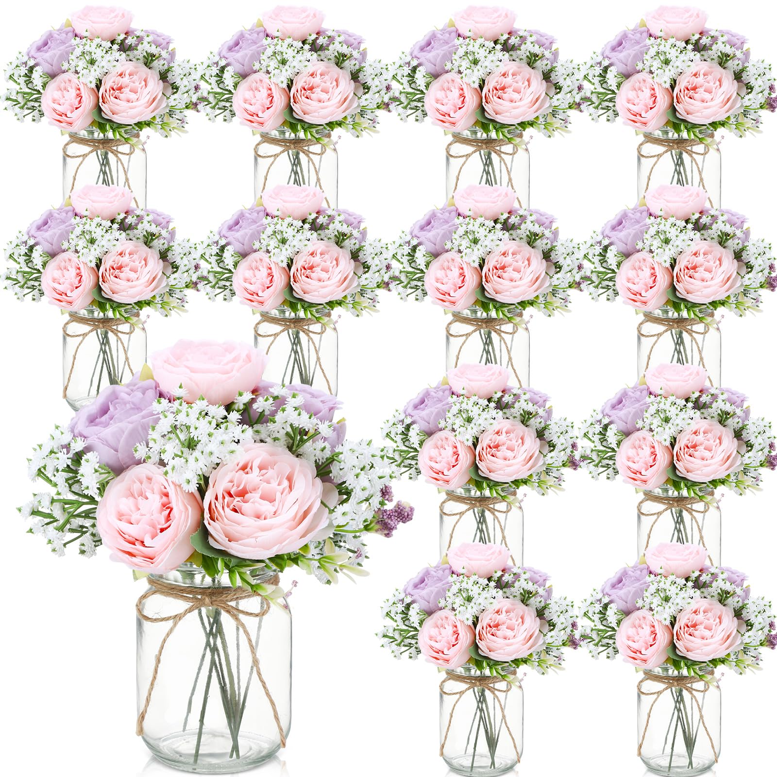 Zeyune 12 Sets Mason Jar Centerpiece Table Decorations, Artificial Peony Baby's Breath Flower Bouquets, Faux Flowers with Vase, Rustic Decor Gifts for Home, Wedding, Holiday (White)