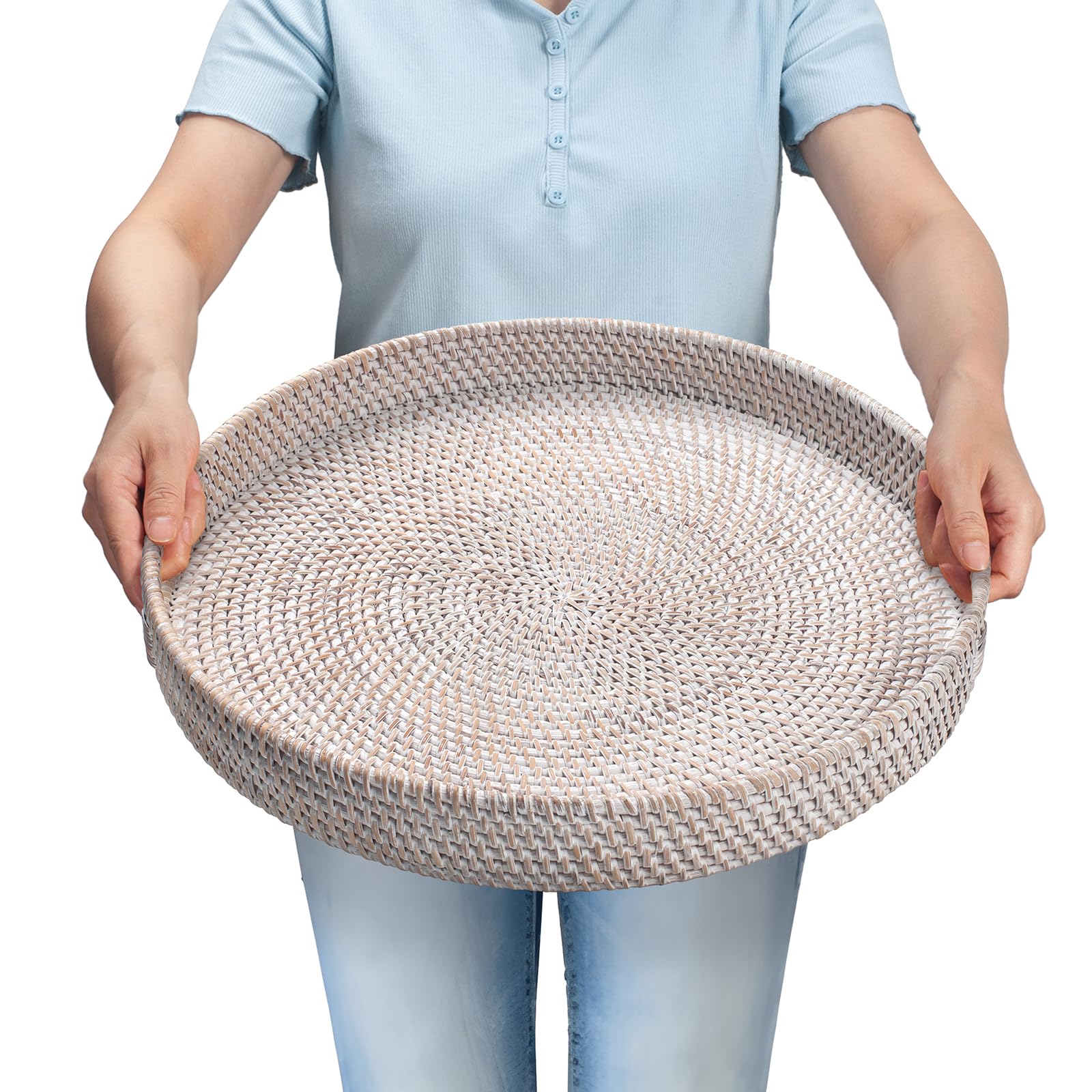 13.8 inch Round Rattan Tray, Decorative Coffee Table Tray, Ottoman Tray, Woven Serving Tray with Handles, Wicker Serving Basket, Whitewash