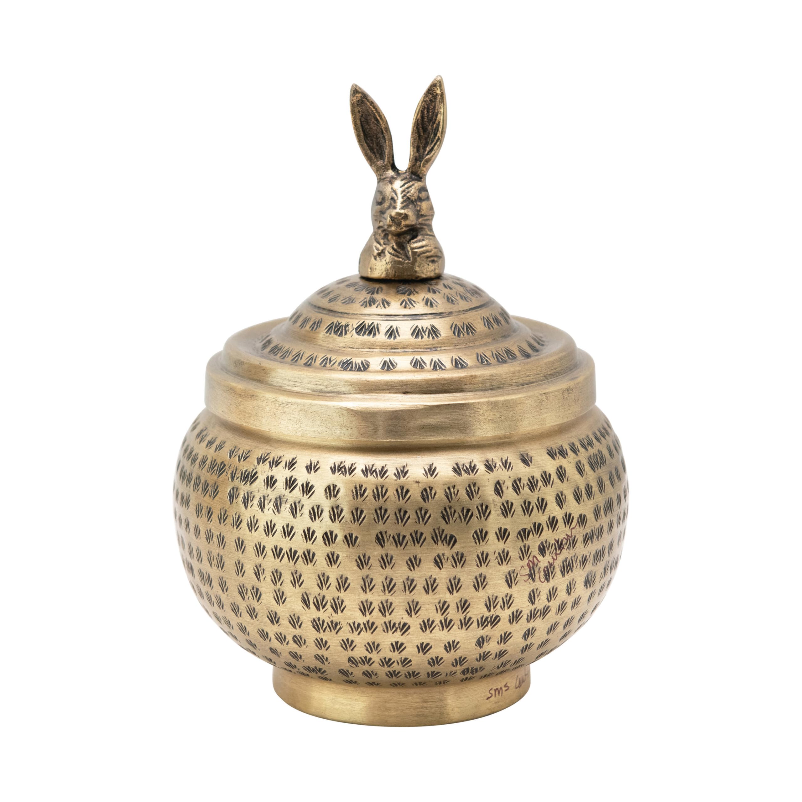 Round Hammered Metal Container with Bird Finial, Brass Finish