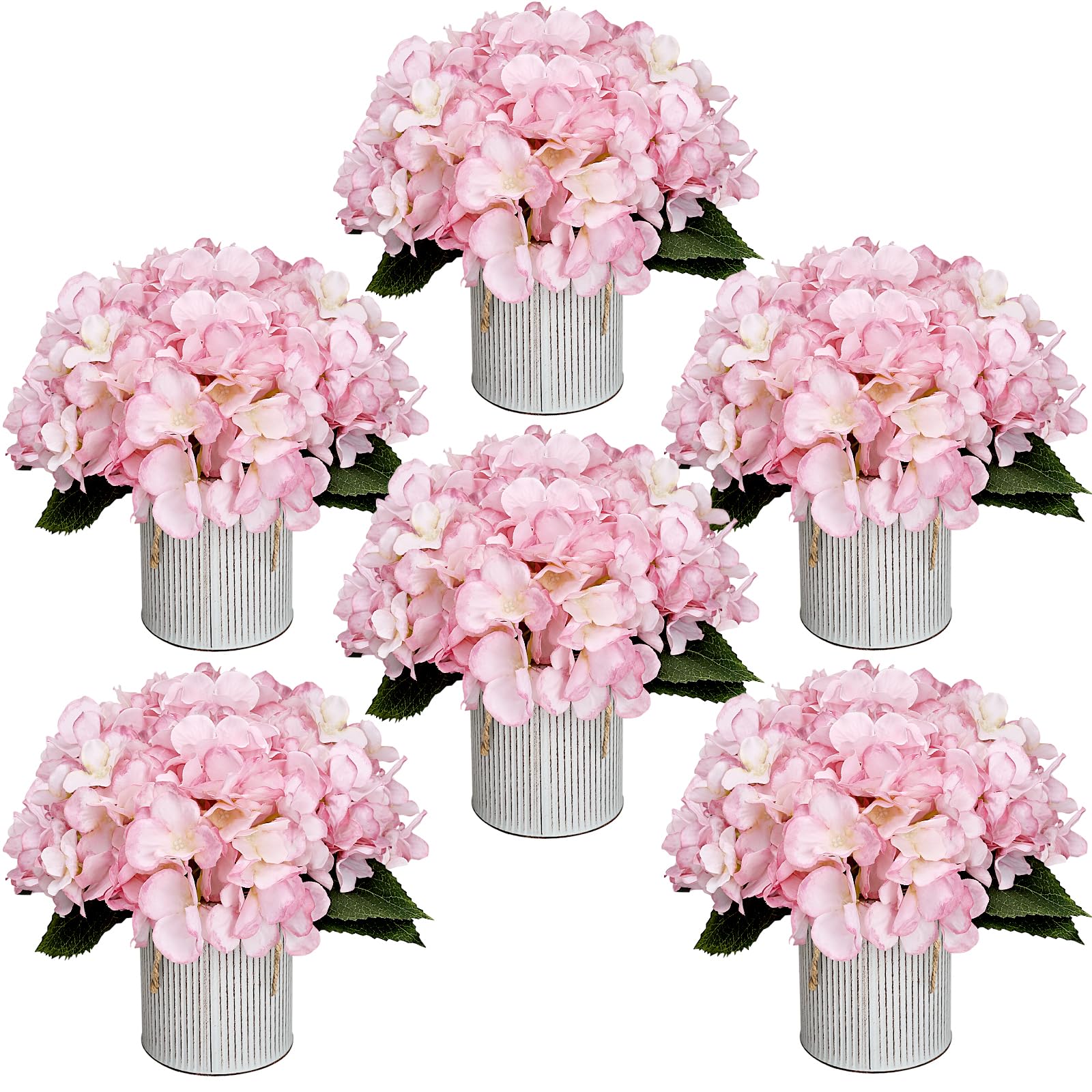 Flower Table Centerpieces - Set of 6 Floral Arrangement Artificial Wedding Hydrangeas Floral Arrangement with Rustic Metal Vase for Bridal Tea Party Event Decorations - Champagne