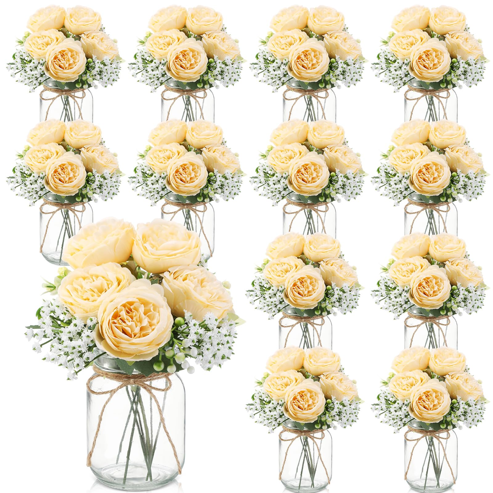 Zeyune 12 Sets Mason Jar Centerpiece Table Decorations, Artificial Peony Baby's Breath Flower Bouquets, Faux Flowers with Vase, Rustic Decor Gifts for Home, Wedding, Holiday (White)