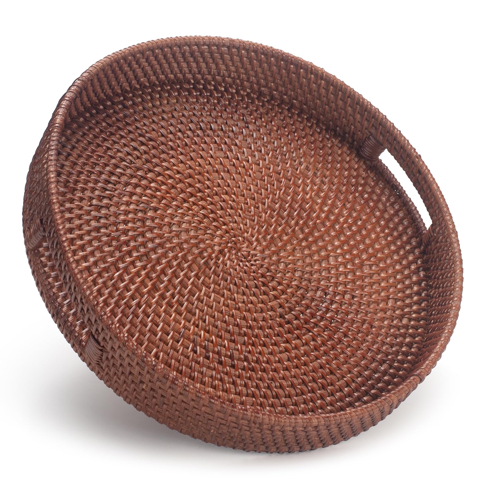 13.8 inch Round Rattan Tray, Decorative Coffee Table Tray, Ottoman Tray, Woven Serving Tray with Handles, Wicker Serving Basket, Whitewash