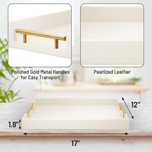 17" x 12" Wood Serving Tray with Gold Polished Metal Handles, Home Decorative Wooden Rectangle Ottoman Leather Decor Platter Bathroom Vanity Tray for All Occasions White