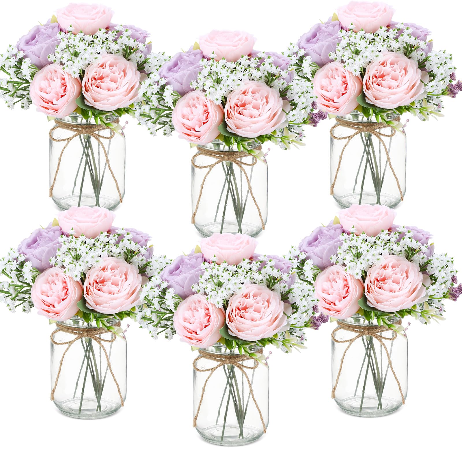 Zeyune 12 Sets Mason Jar Centerpiece Table Decorations, Artificial Peony Baby's Breath Flower Bouquets, Faux Flowers with Vase, Rustic Decor Gifts for Home, Wedding, Holiday (White)