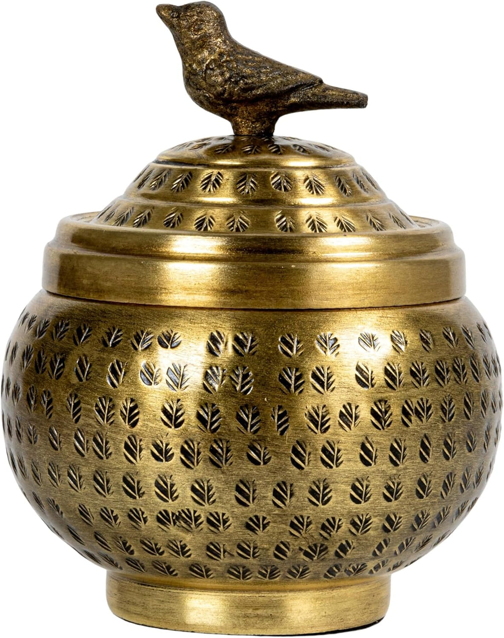 Round Hammered Metal Container with Bird Finial, Brass Finish