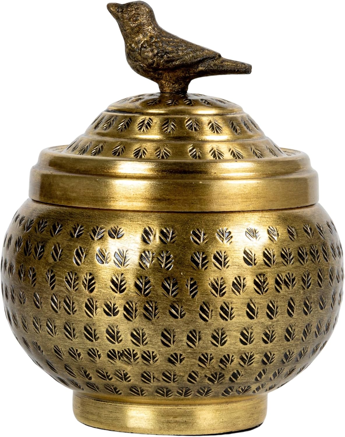 Round Hammered Metal Container with Bird Finial, Brass Finish