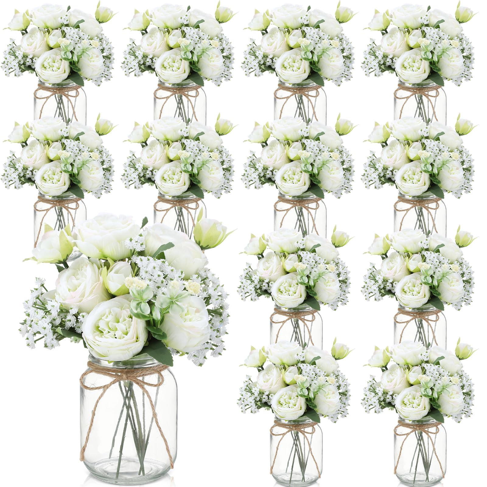 Zeyune 12 Sets Mason Jar Centerpiece Table Decorations, Artificial Peony Baby's Breath Flower Bouquets, Faux Flowers with Vase, Rustic Decor Gifts for Home, Wedding, Holiday (White)