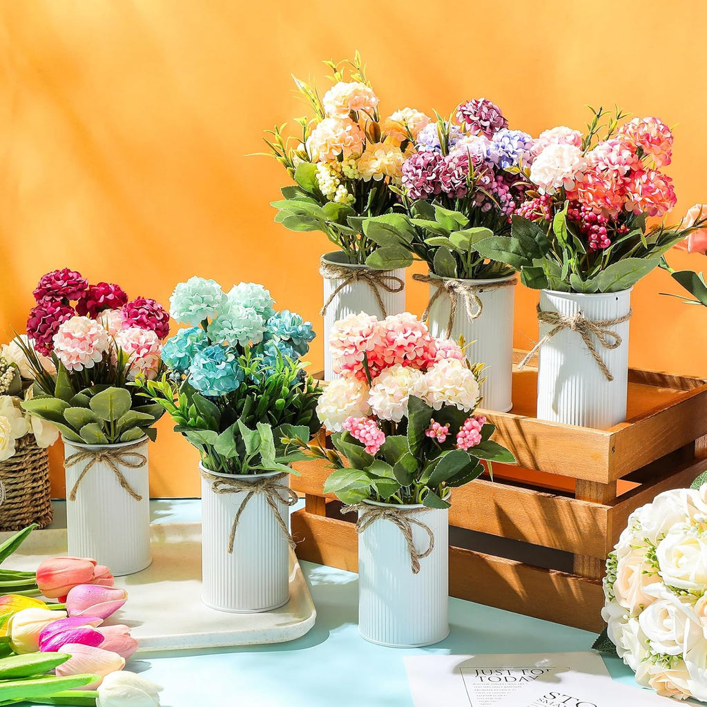 6 Sets Flower Centerpieces for Tables Decor Artificial Hydrangeas with Vase and Hemp Rope Floral Arrangement Faux Flowers Fake Hydrangea Bouquets for Table Wedding Home Office Party